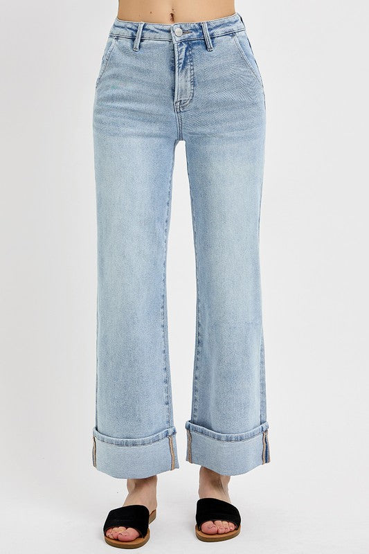 Risen Tummy Control High Rise Ankle Wide Cuffed Jeans
