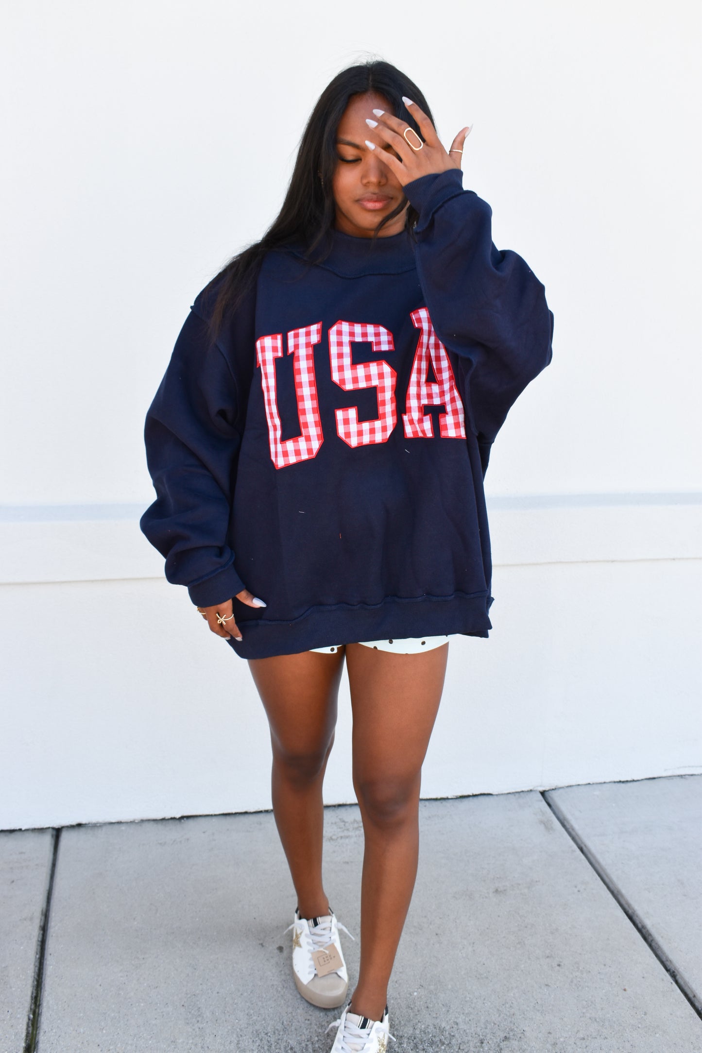 Gingham Embroidery "USA" Mock Neck Sweatshirt