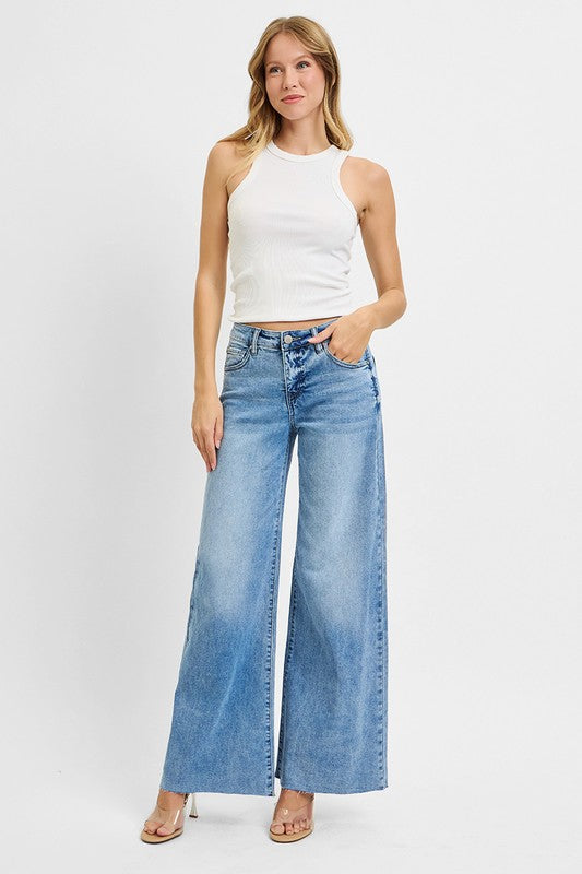 Risen Tummy Control High Rise Ankle Pallazo Jeans