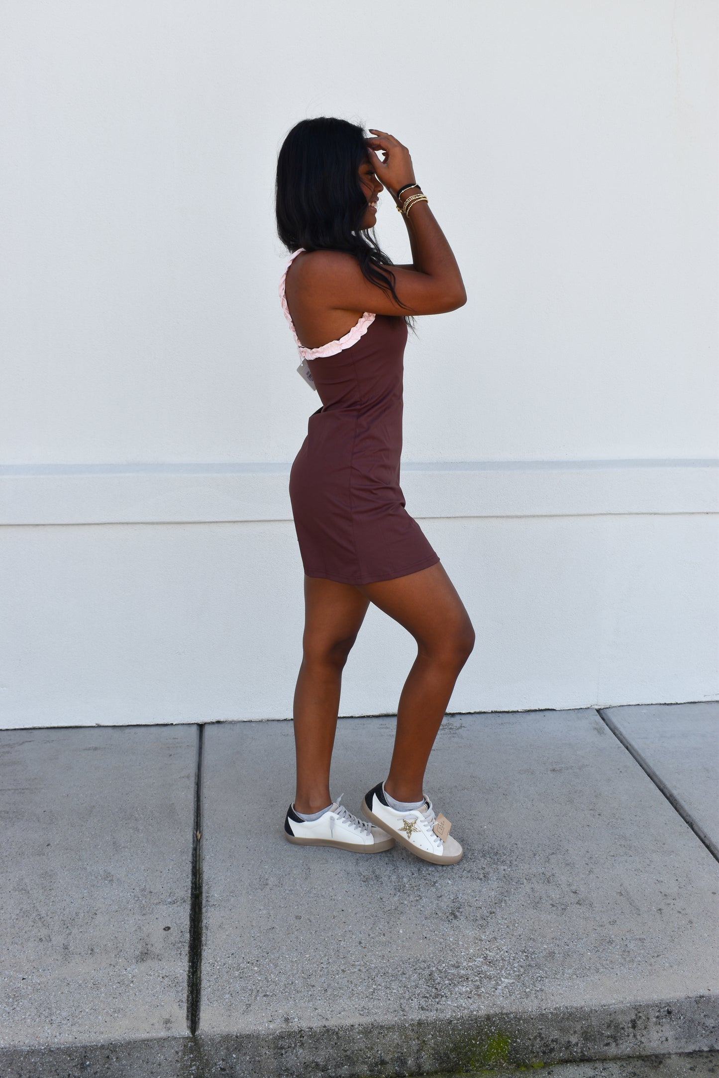 Chocolate W/ Pink Ruffle Detail Athletic Dress