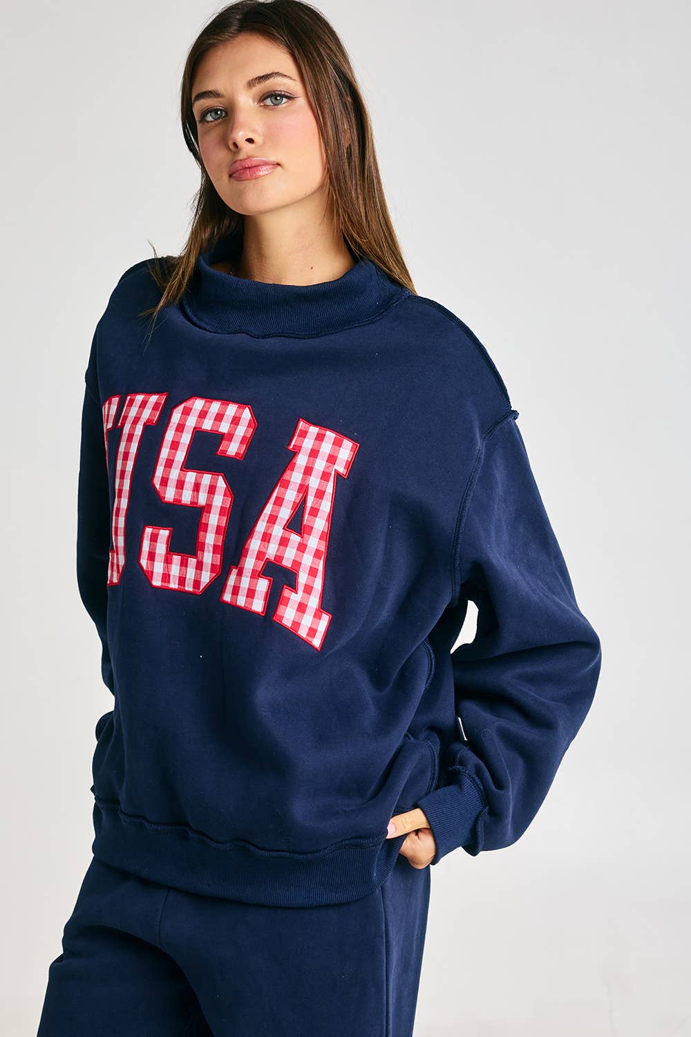 Gingham Embroidery "USA" Mock Neck Sweatshirt
