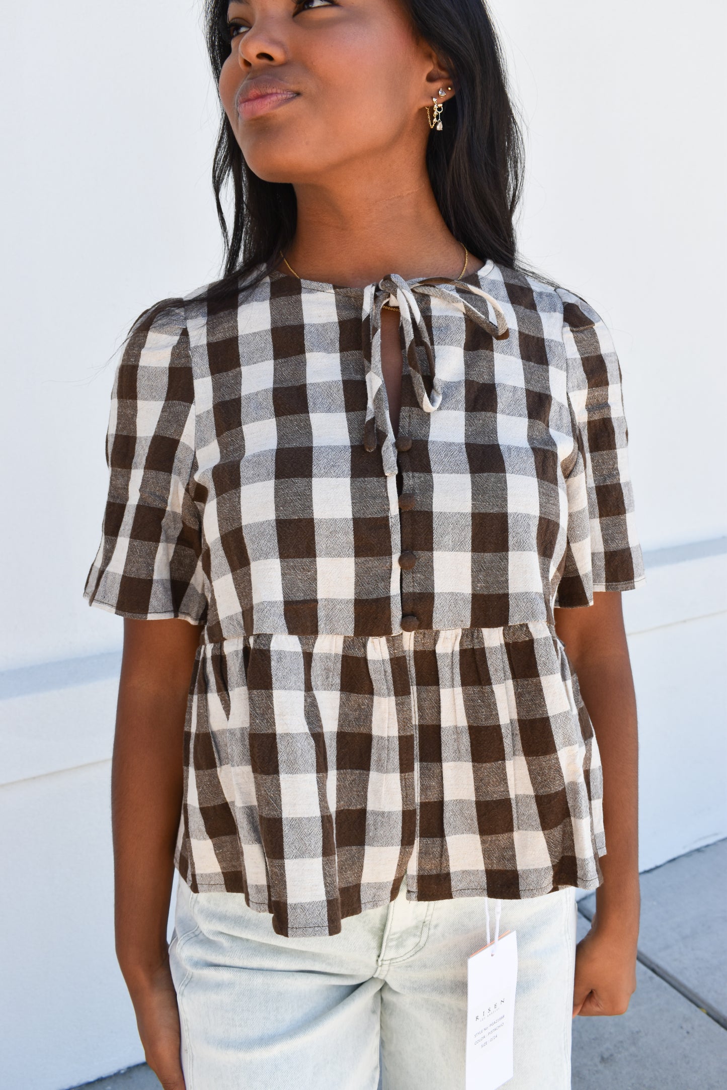 Keyhole Tie-Neck Gingham Peplum Blouse