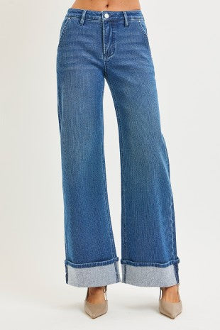 Risen Mid Rise Wide Leg Cuffed Jeans