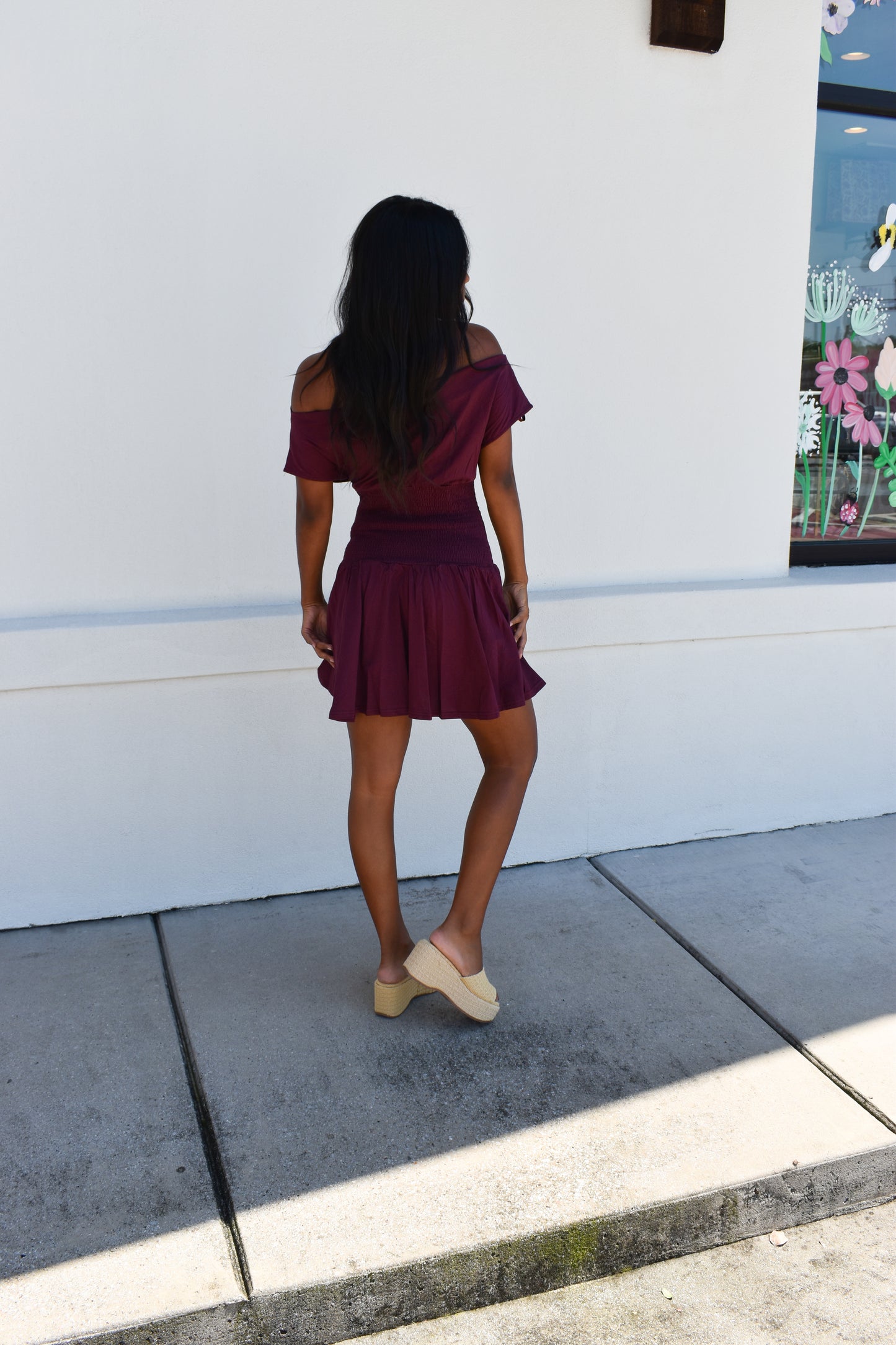 Off Shoulder Smocked Waist Dress: Wine