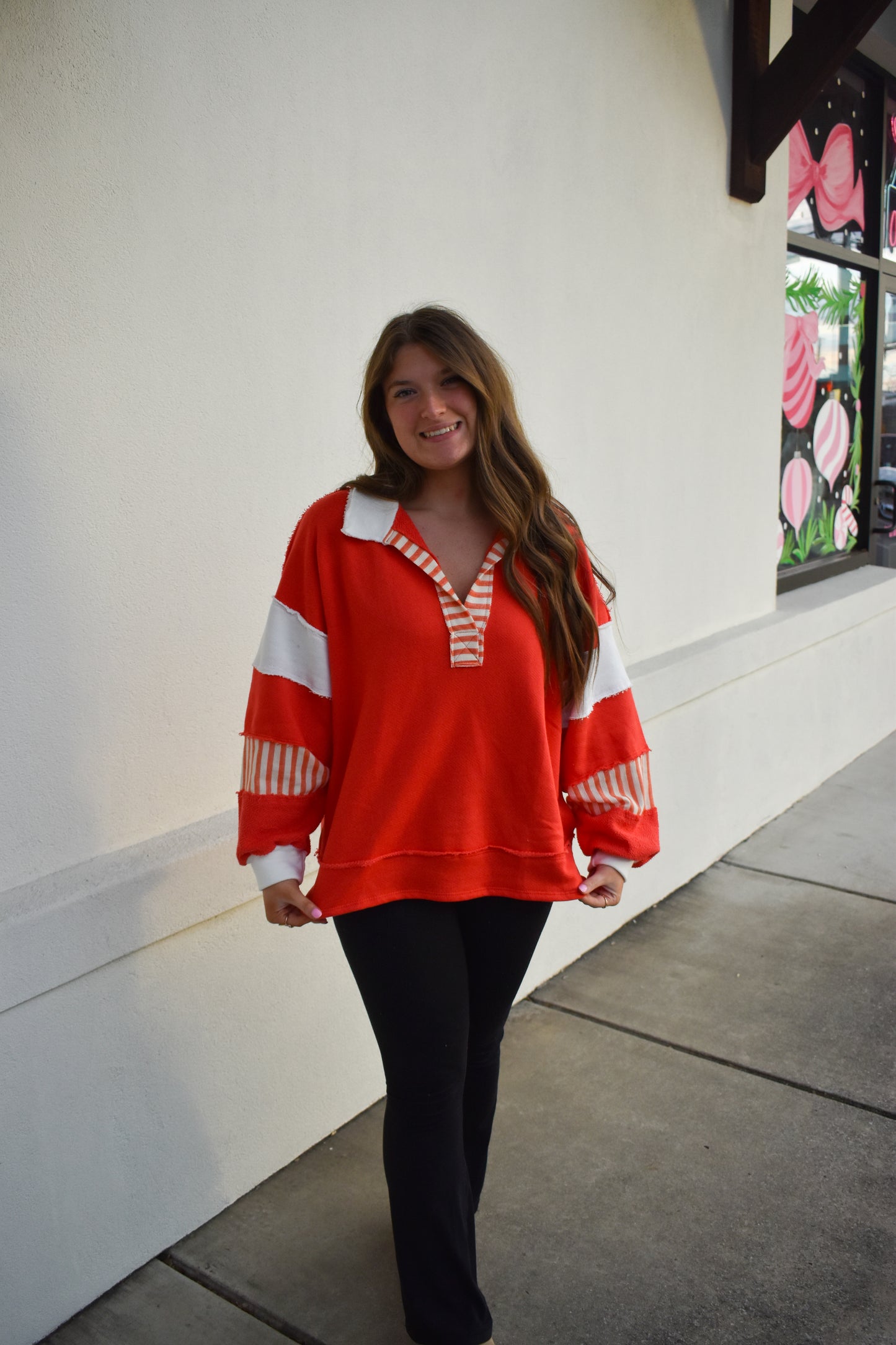 Terry Knit Collared Top: Red/Cream