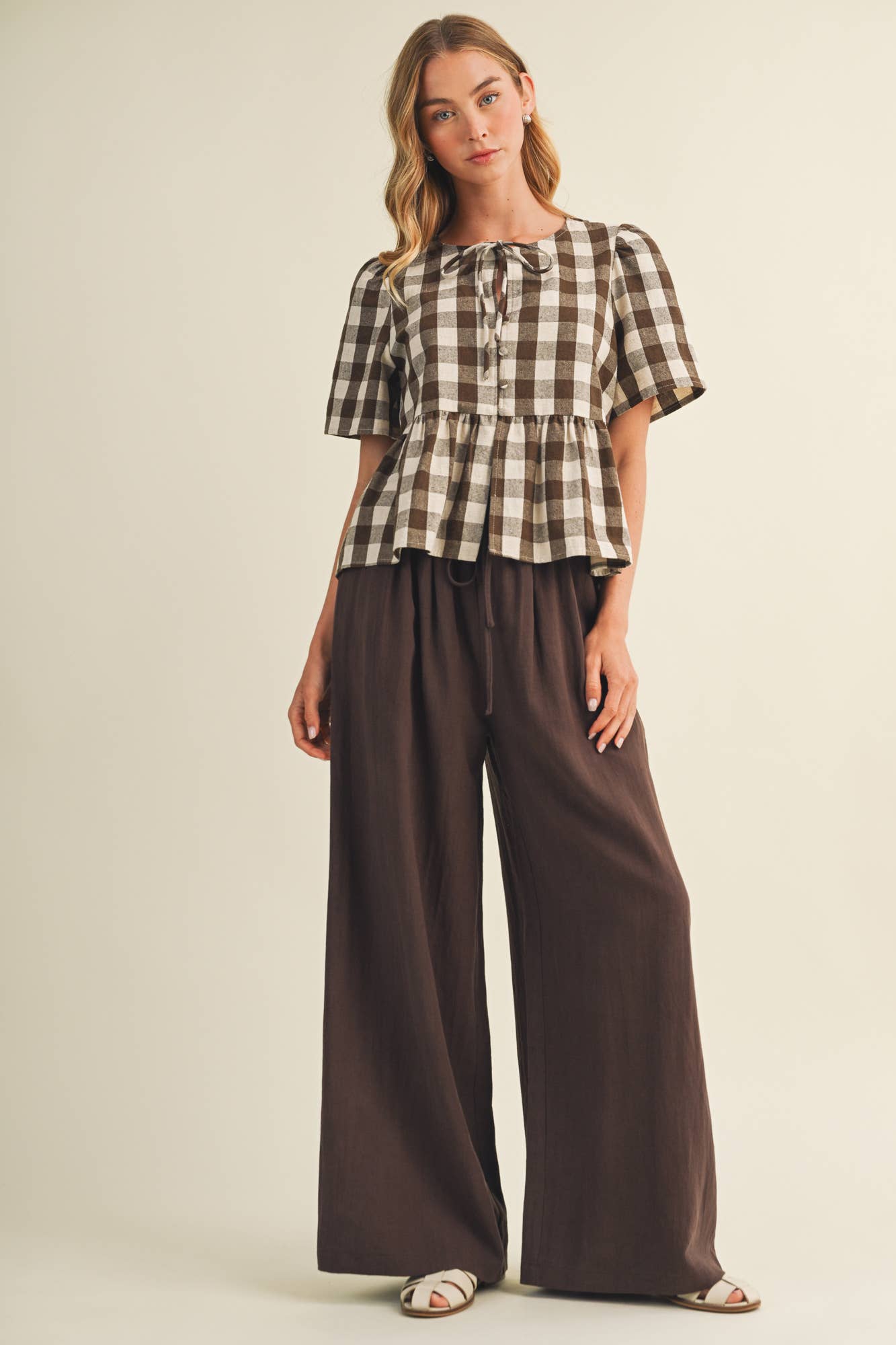 Keyhole Tie-Neck Gingham Peplum Blouse