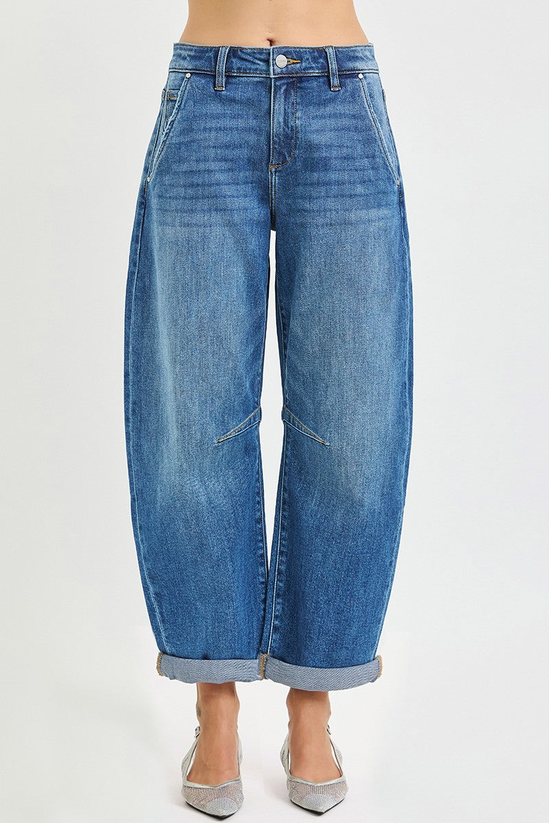 Risen Slouchy Cropped Barrel Jeans With Cuffed Hem
