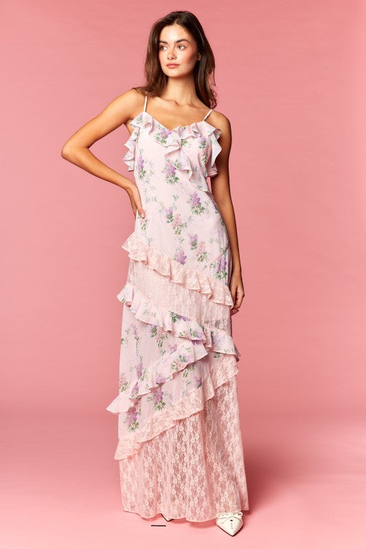 Floral Lace Ruffle Maxi Dress
