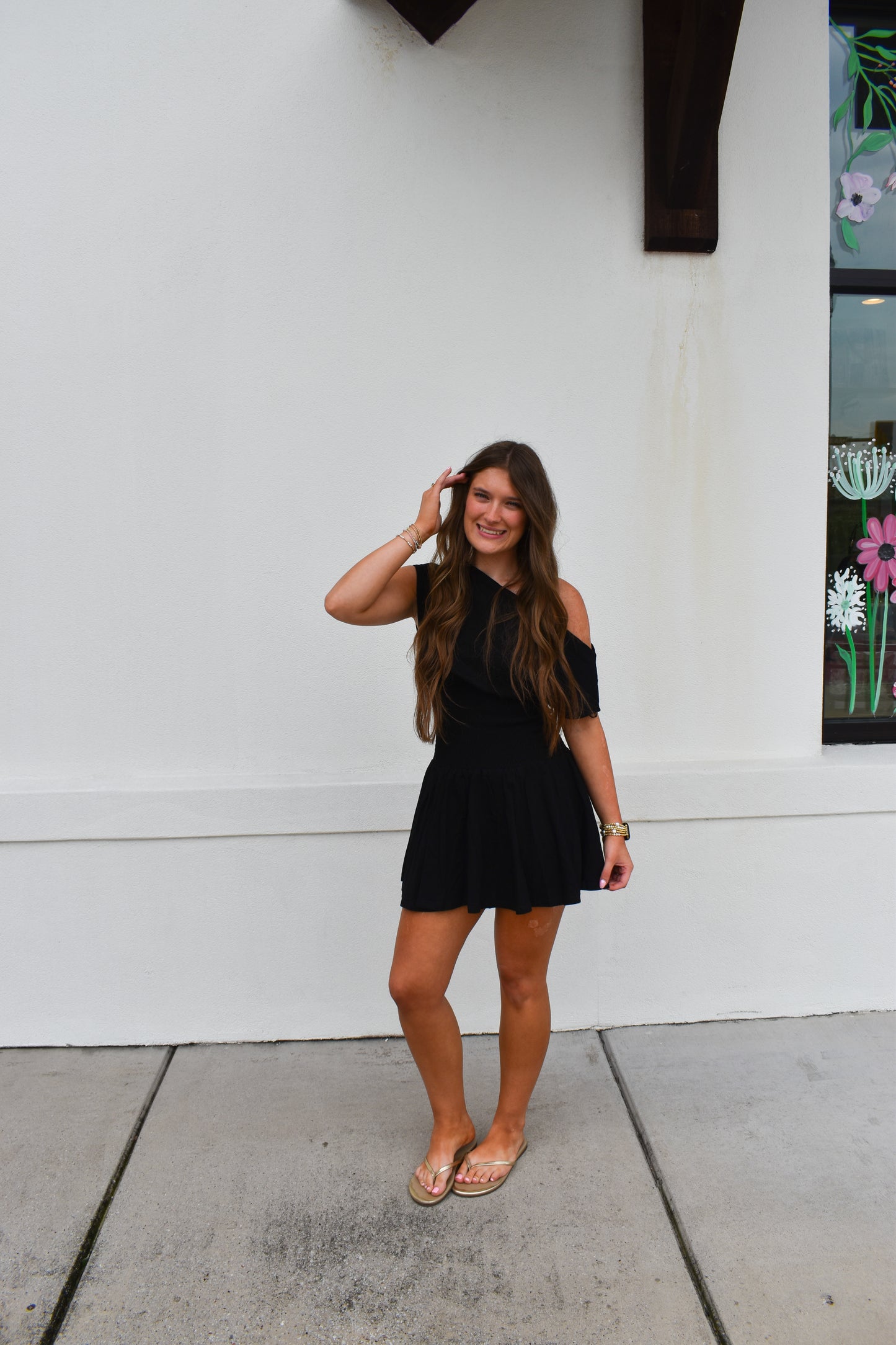 Off Shoulder Smocked Waist Dress: Black