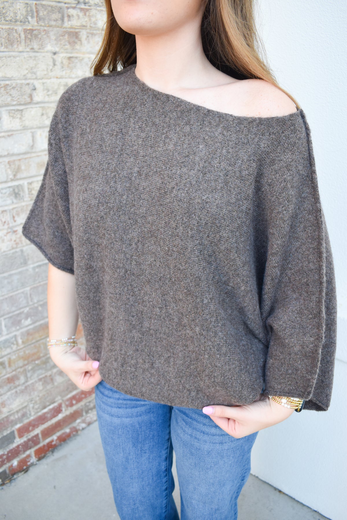 Gloria One Shoulder Knit Top: Brown