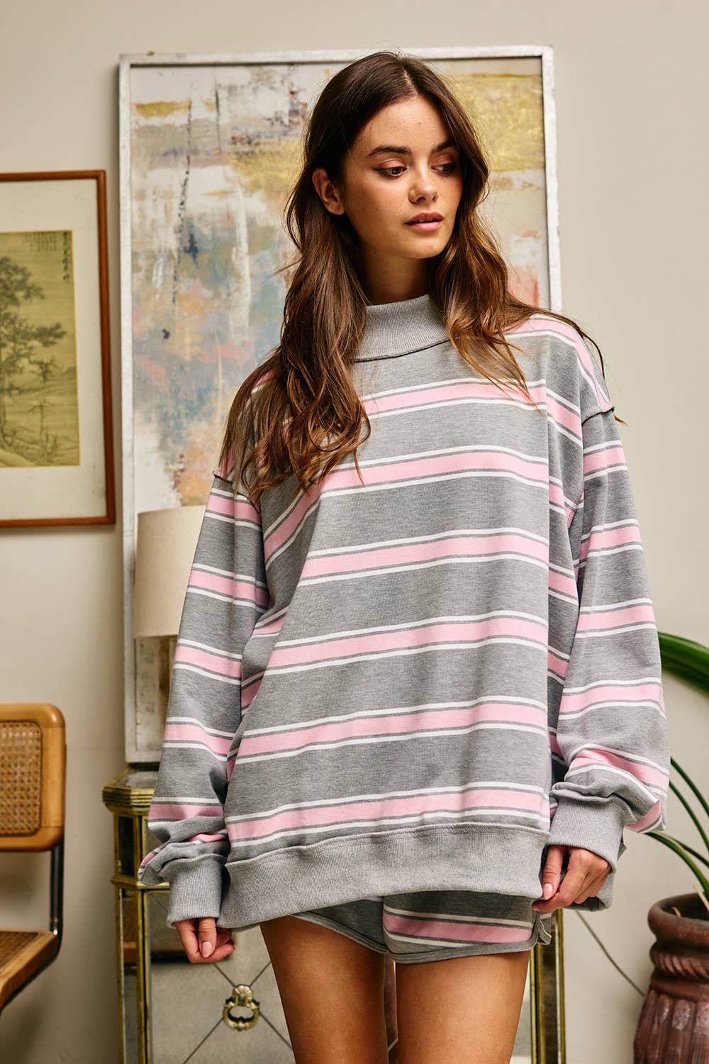 Stripe Print Mock Neck Oversized Sweatshirt