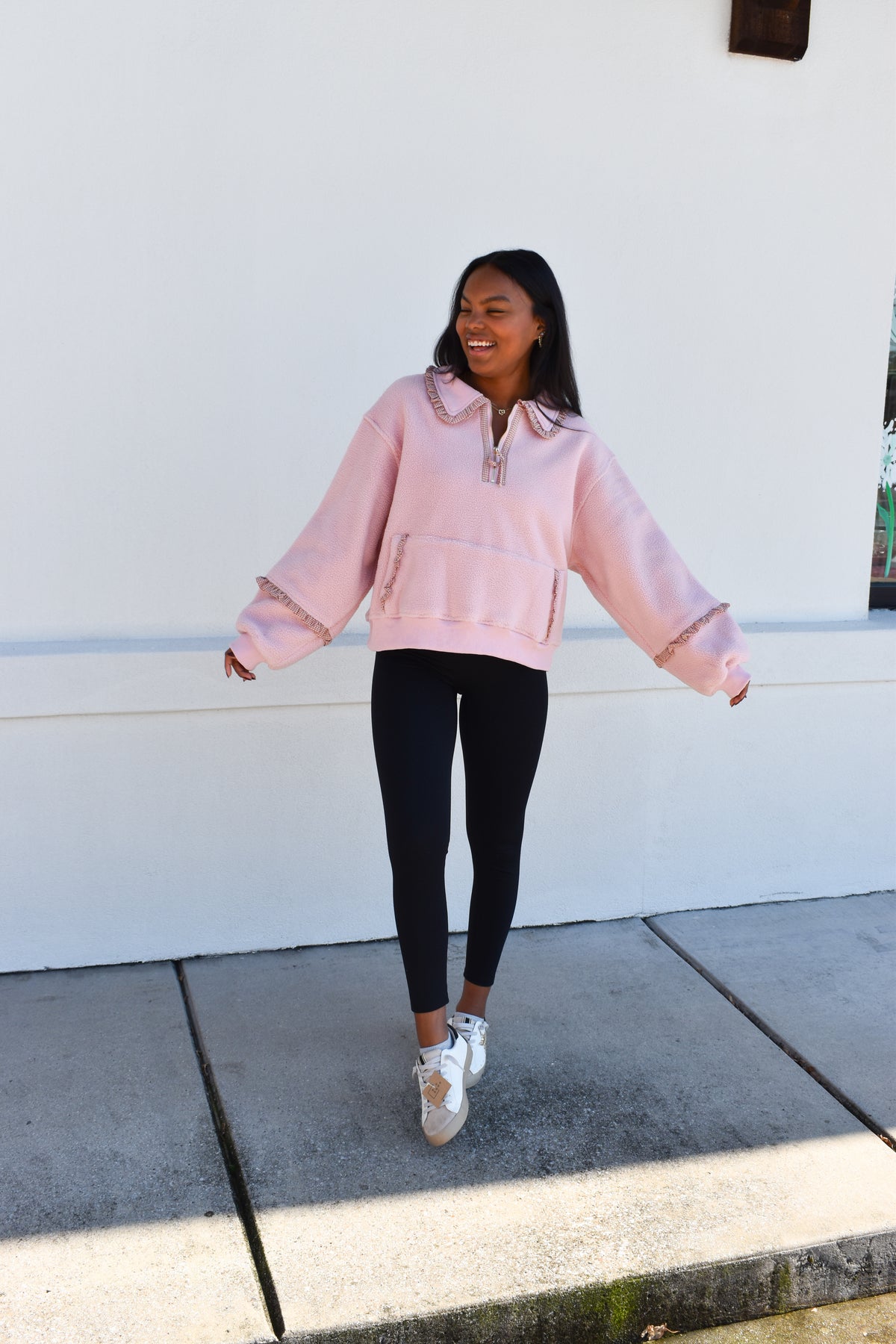 Gingham Fleece Collared Pullover: Pink