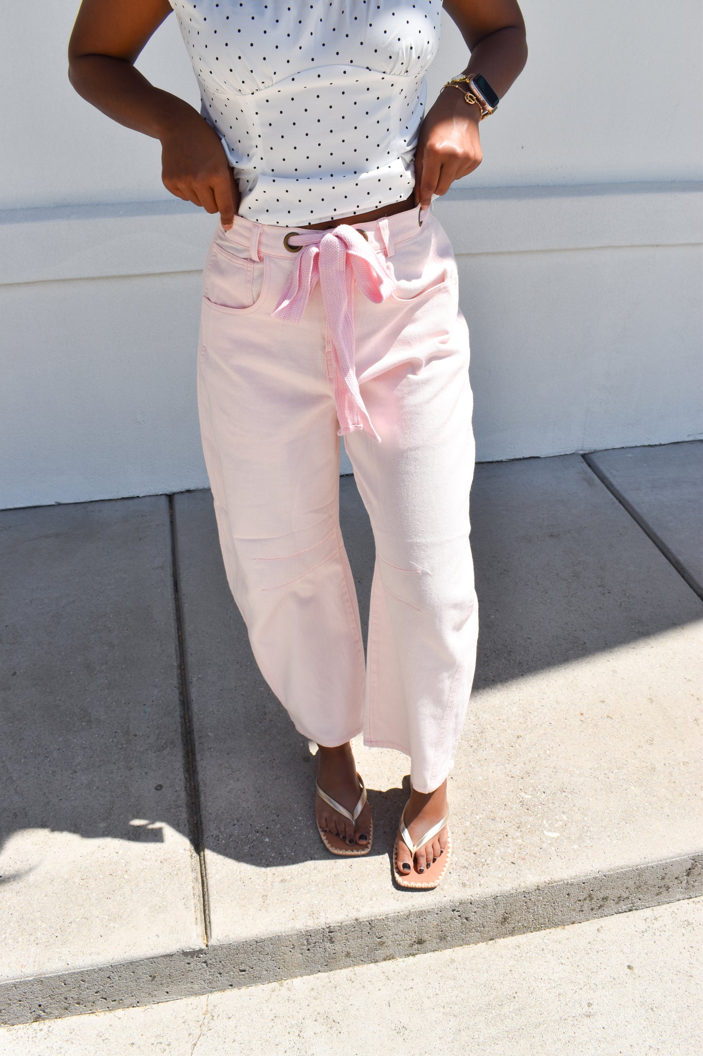 Pink Eyelet Thru Cotton Belt Barrel Jean