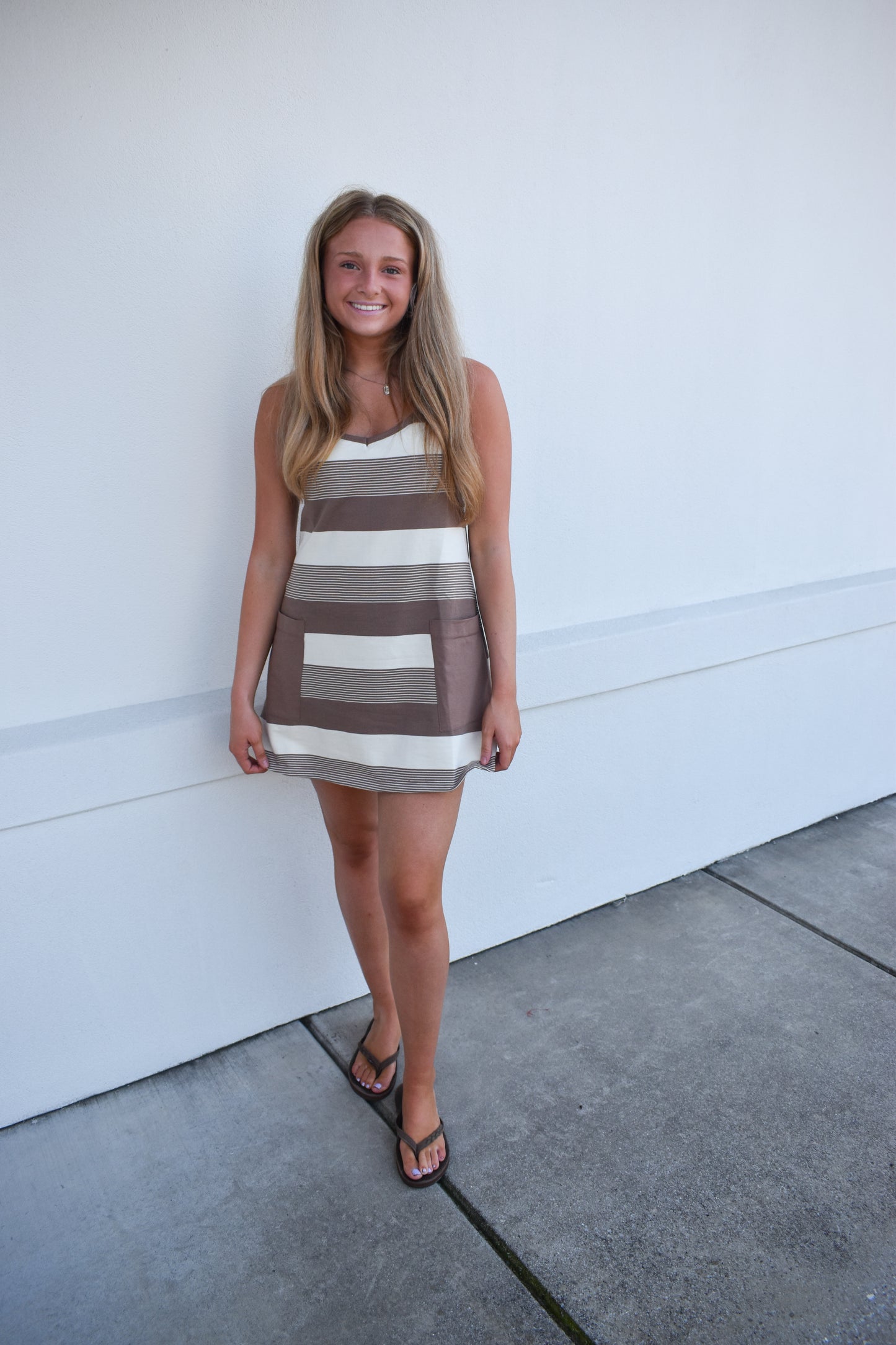 Stripe Mini Dress W/ Built In Romper Lining: Mocha