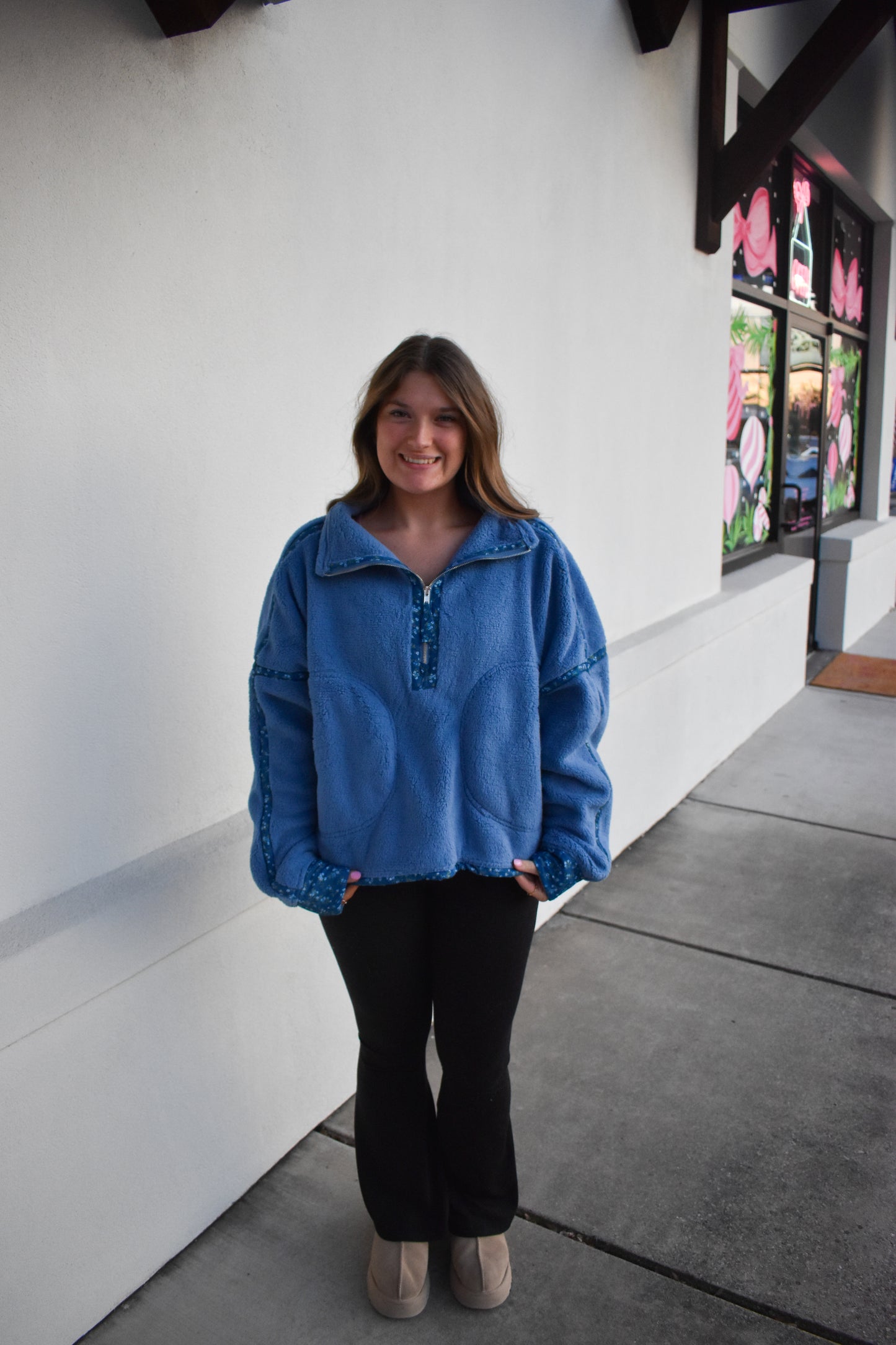 Floral Piping Detail Sherpa Jacket