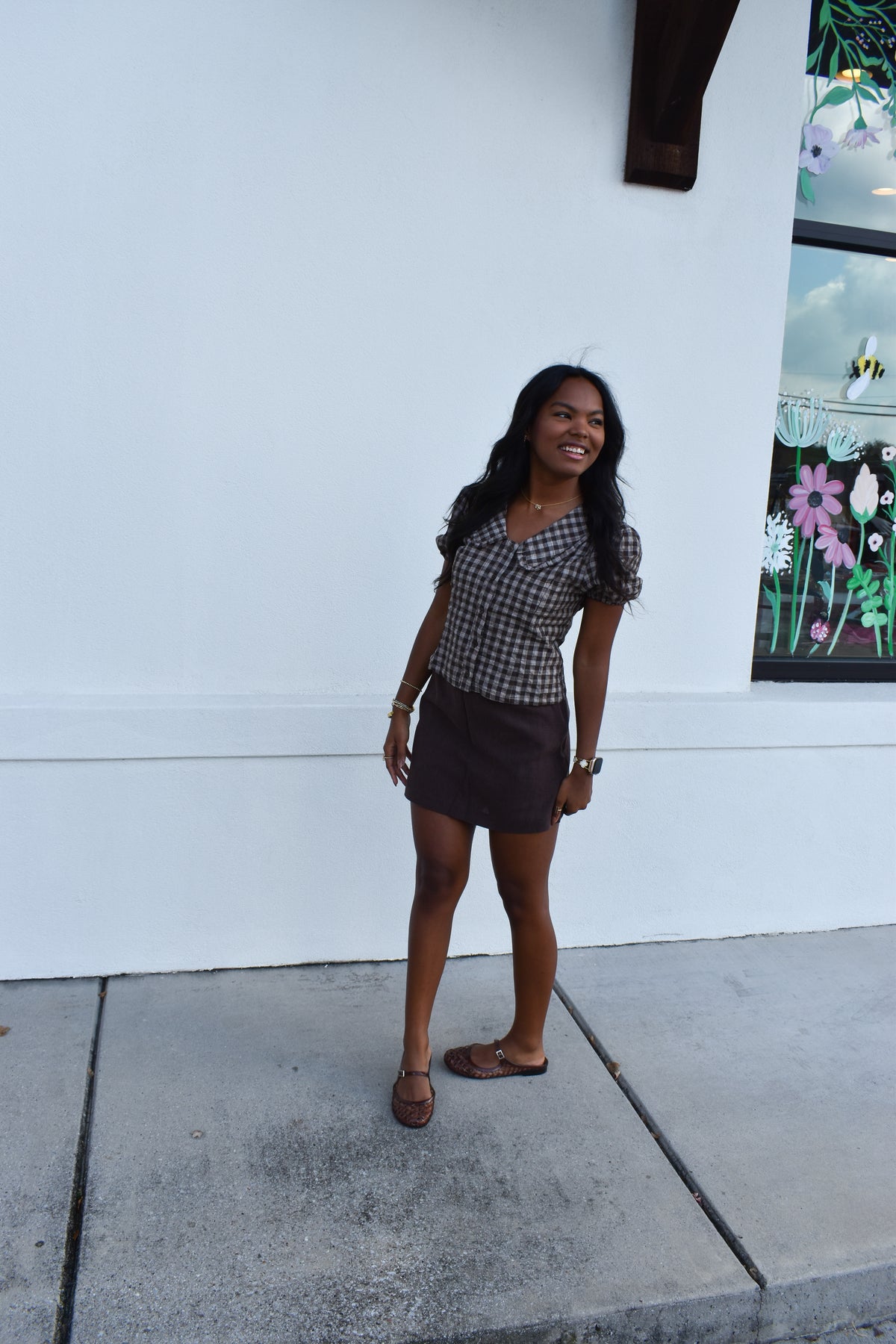 Gingham Plaid Button Top W/ Ruffle Collar