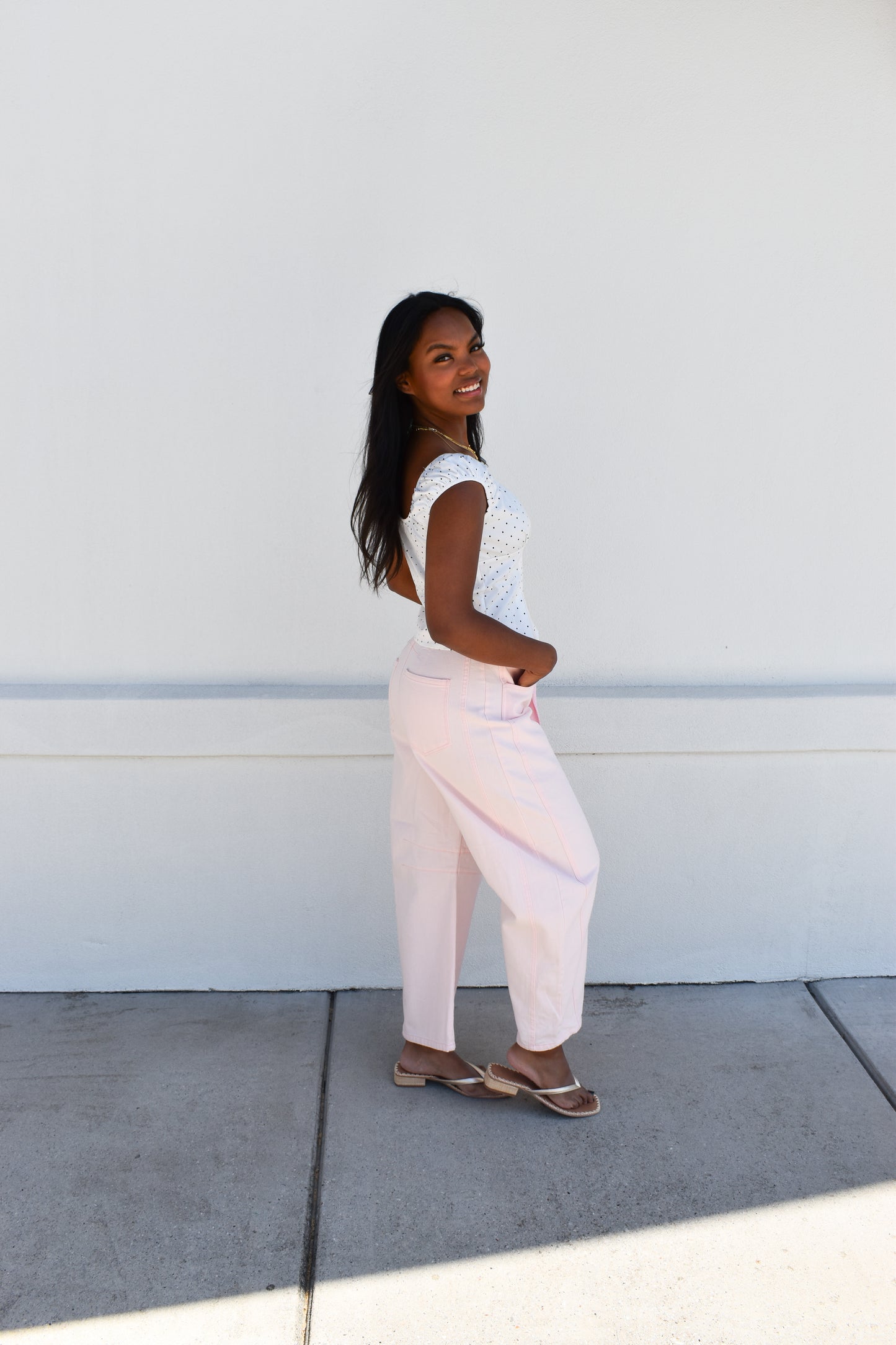 Pink Eyelet Thru Cotton Belt Barrel Jean