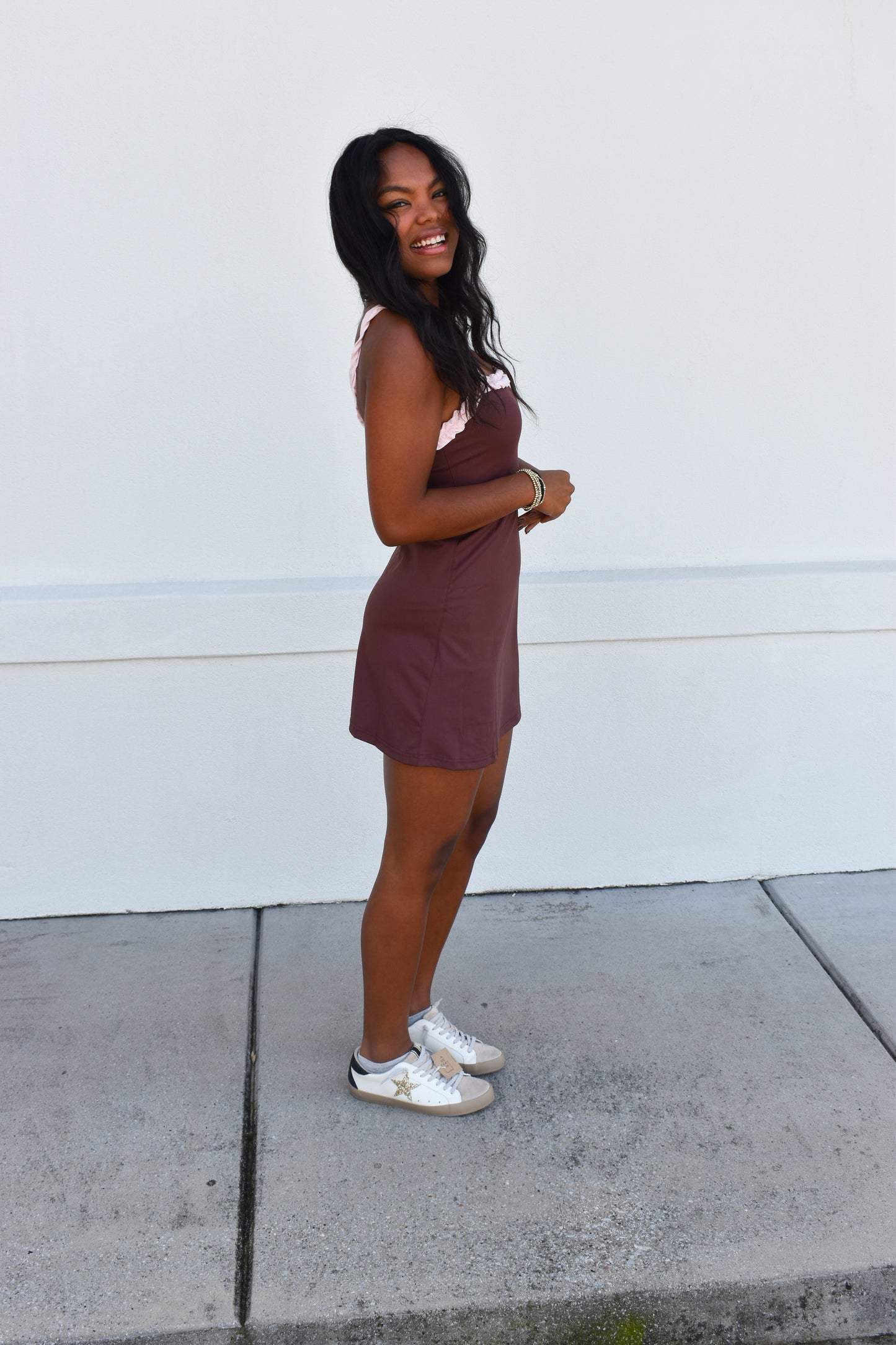 Chocolate W/ Pink Ruffle Detail Athletic Dress