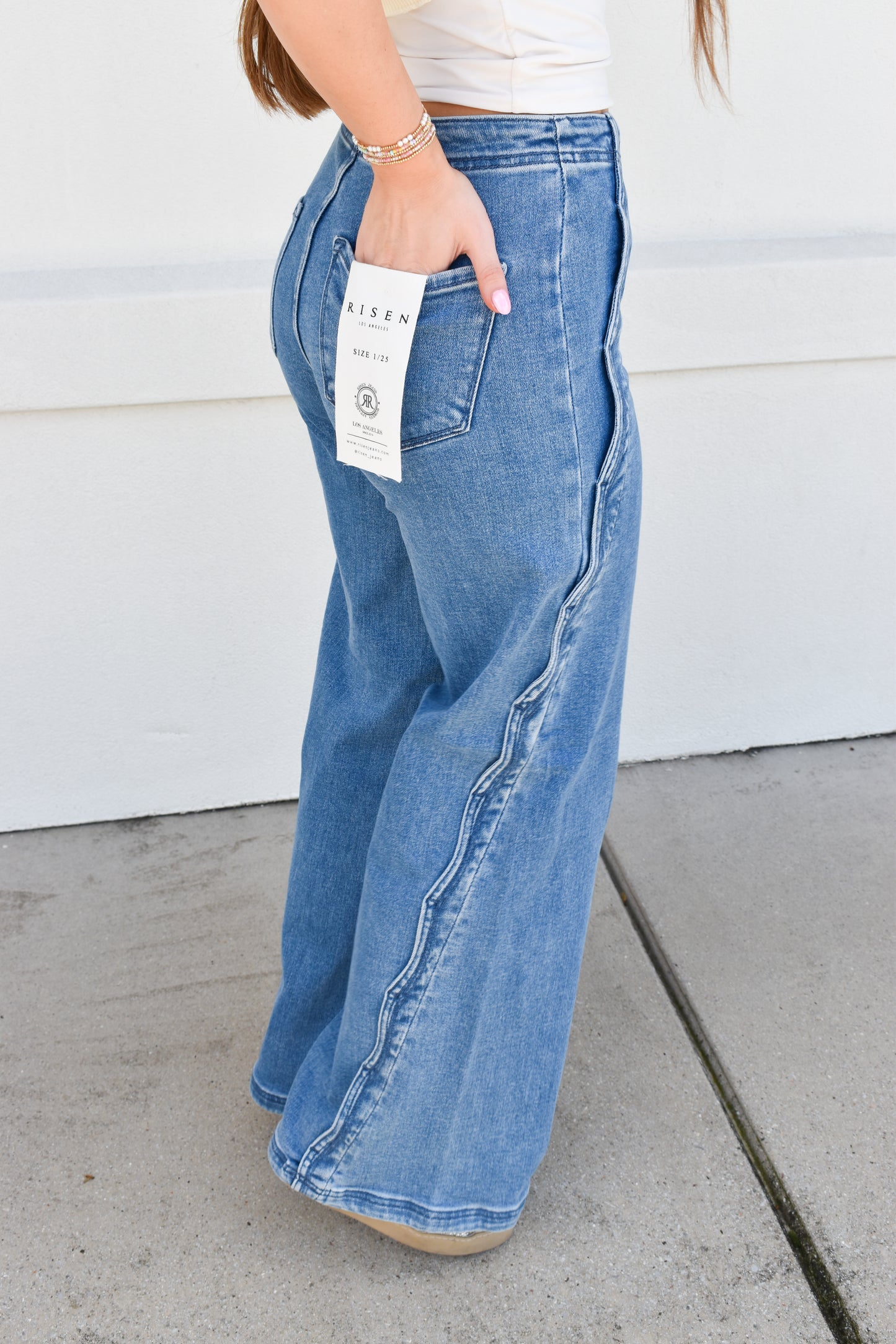 High Rise Wide Leg With Scalloped Edge Detail: Medium Wash