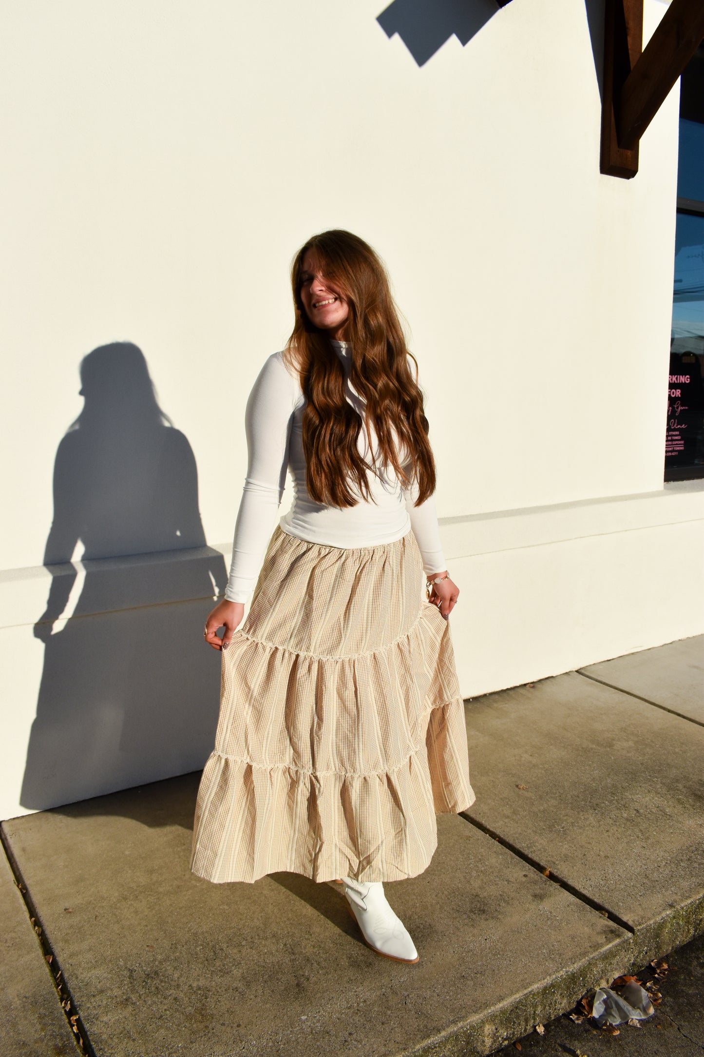 Lace Trim Gingham Maxi Skirt