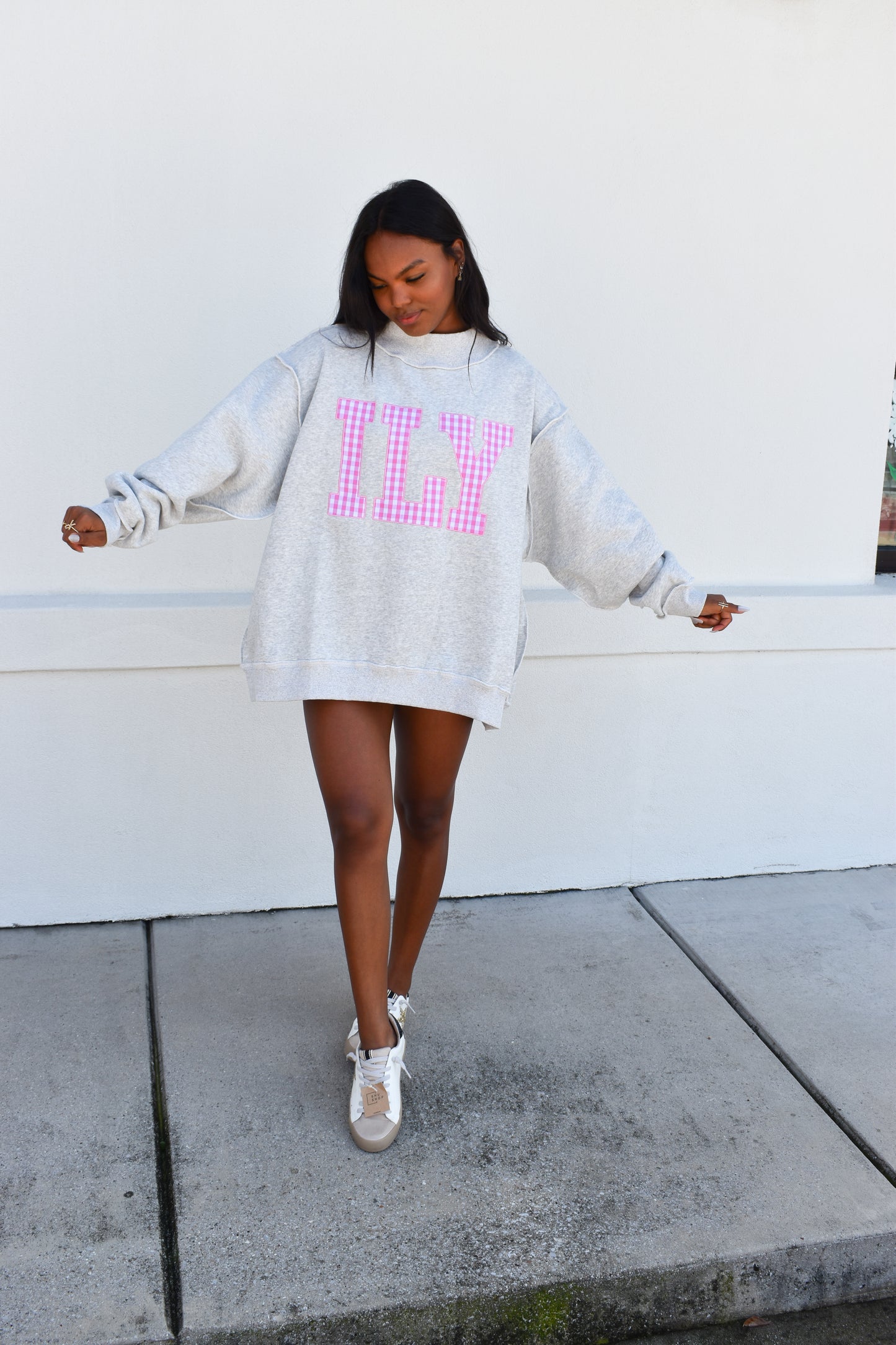 "ILY" Gingham Embroidered Mockneck