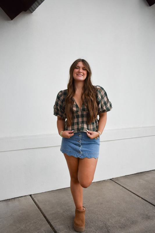 Gingham Bubble V Neck Top