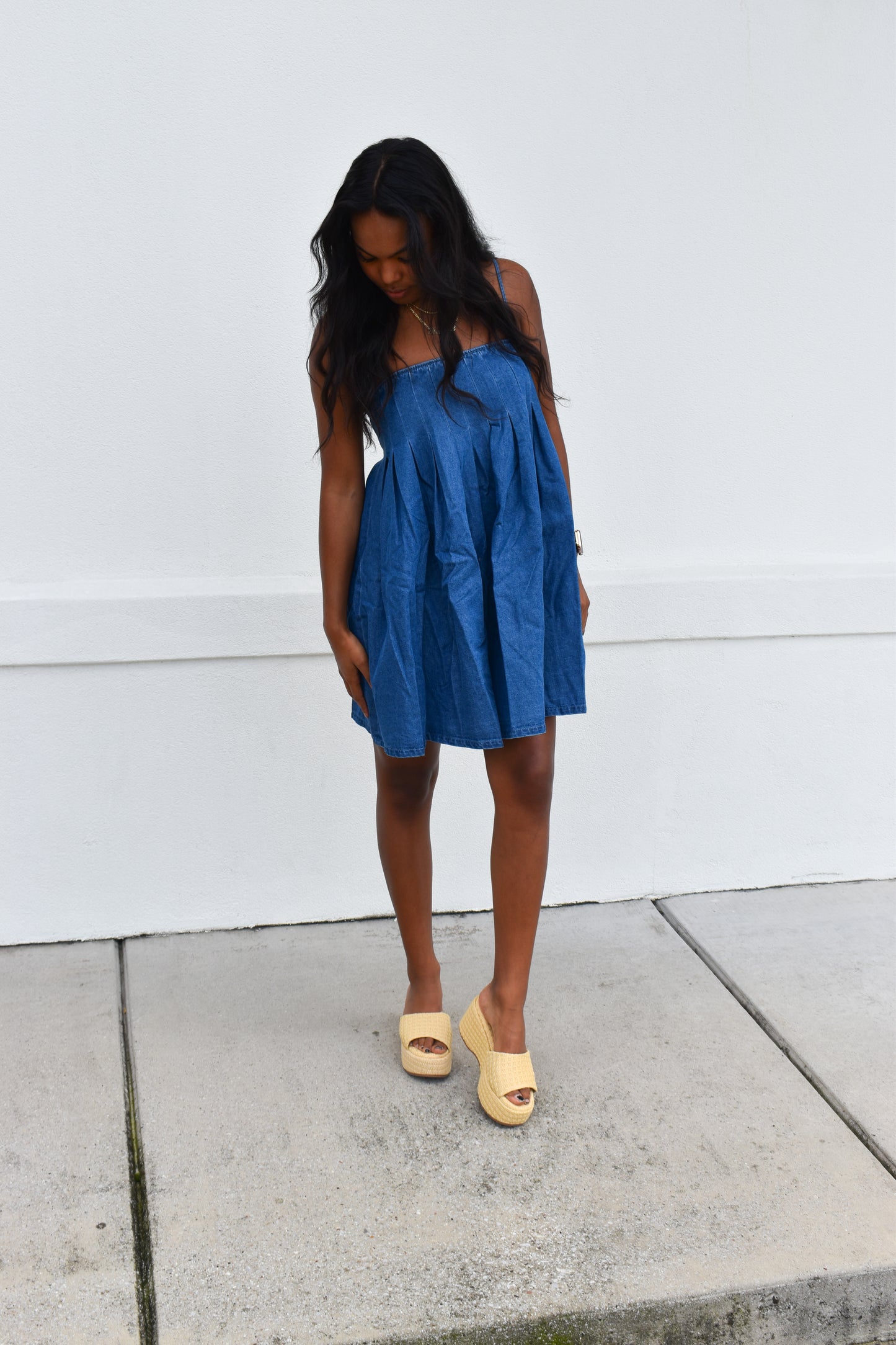 Denim Pleated Babydoll Dress