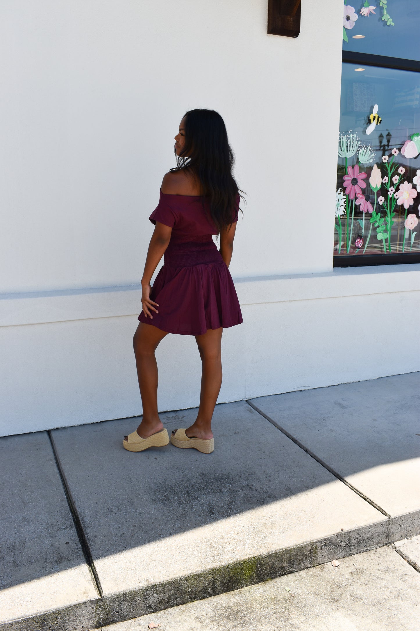 Off Shoulder Smocked Waist Dress: Wine