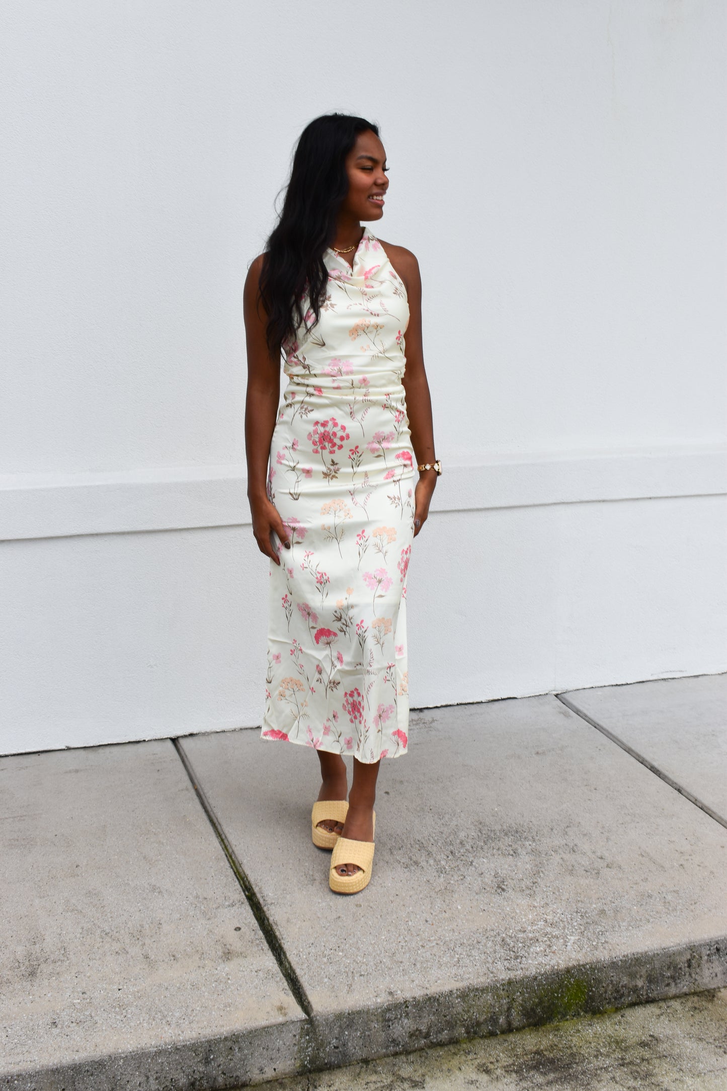 Cowl Neck Floral Midi Dress