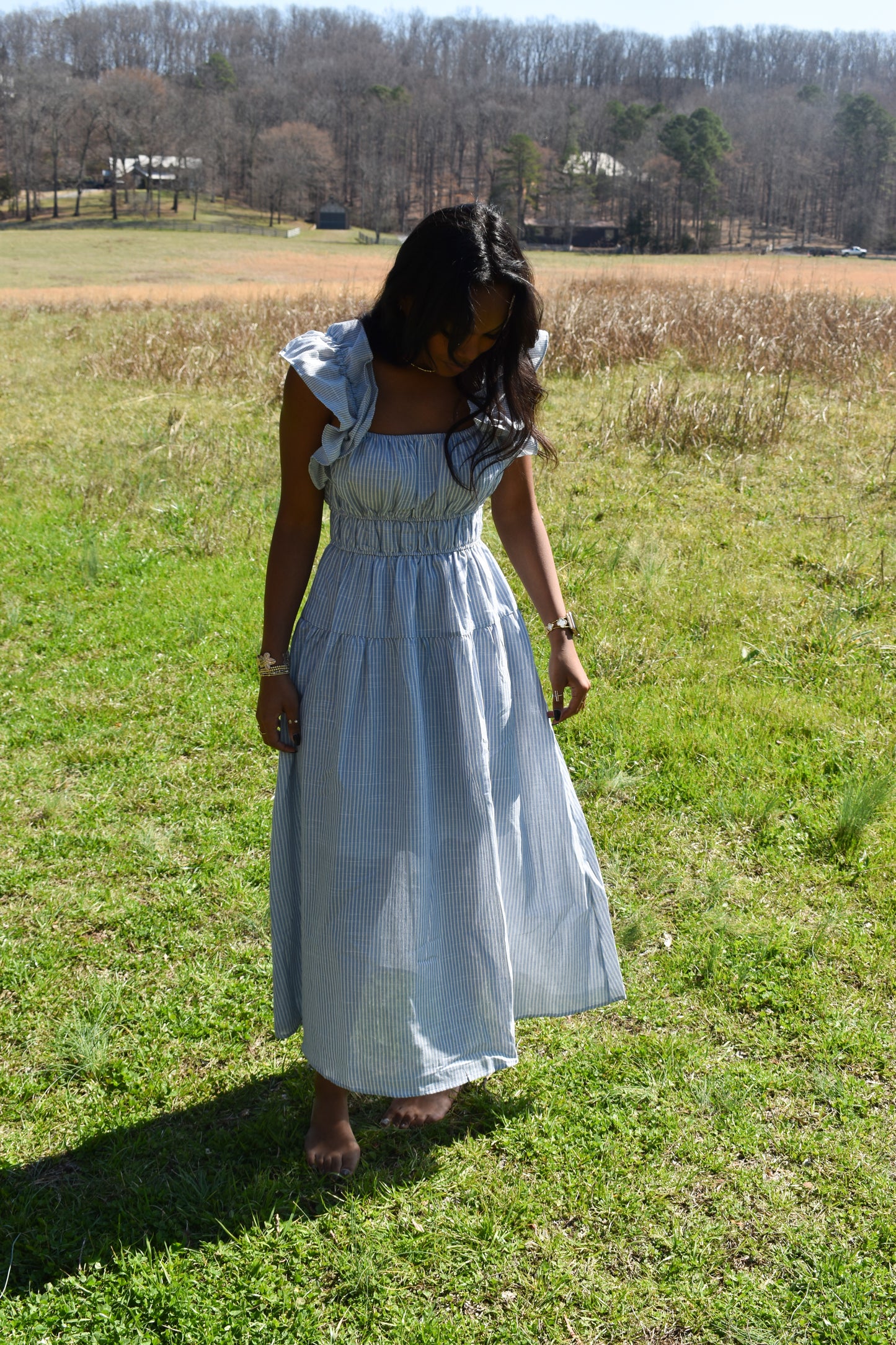 Shoulder Ruffle Stripe Midi Dress