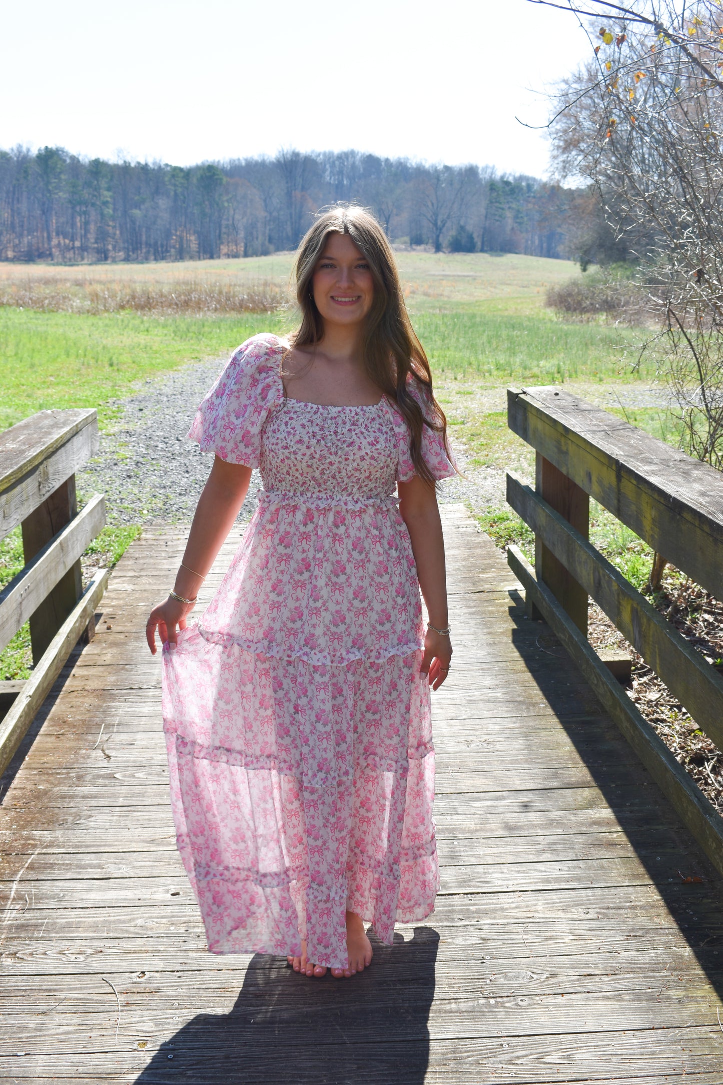 Bubble Floral Bow Maxi Dress