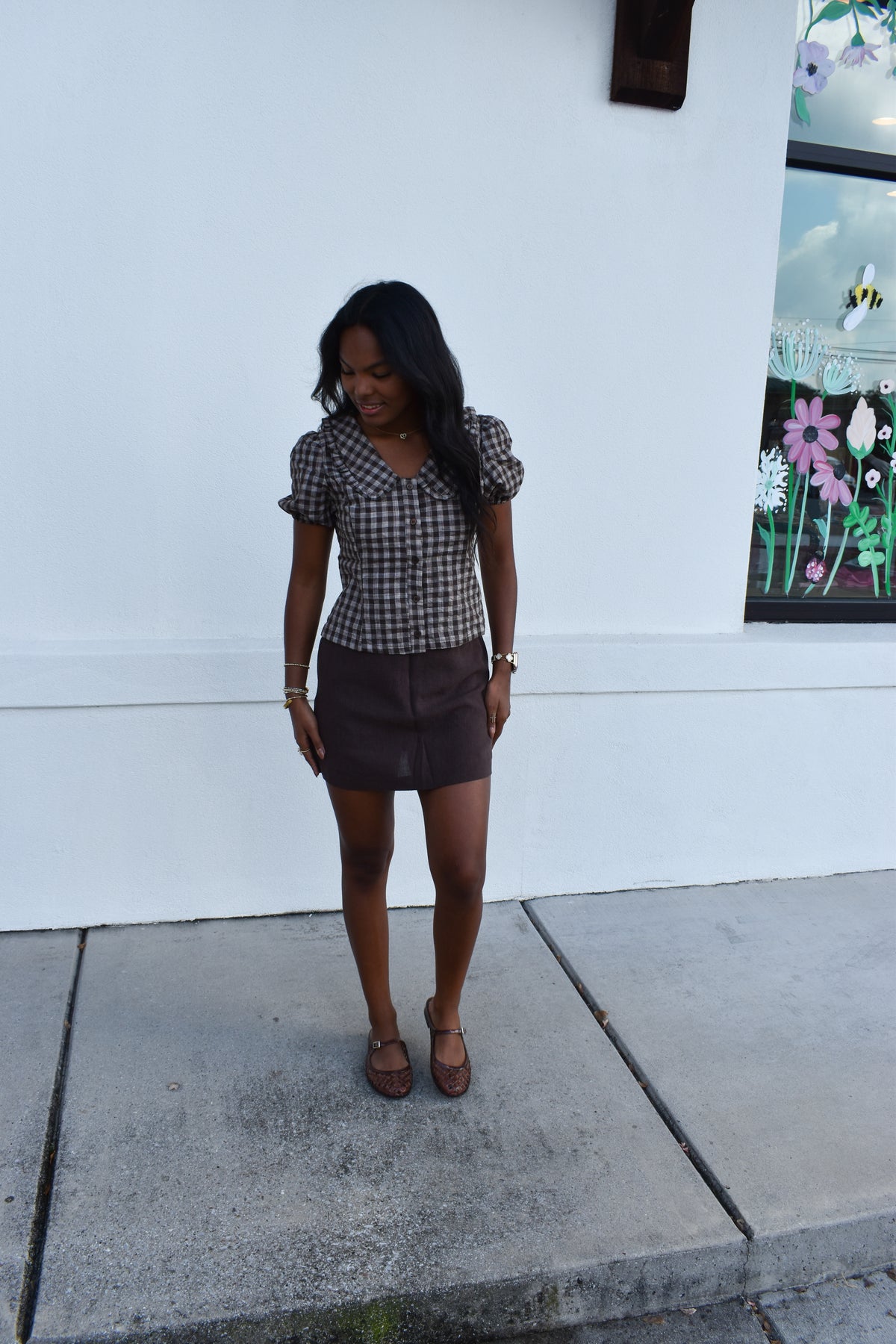 Gingham Plaid Button Top W/ Ruffle Collar