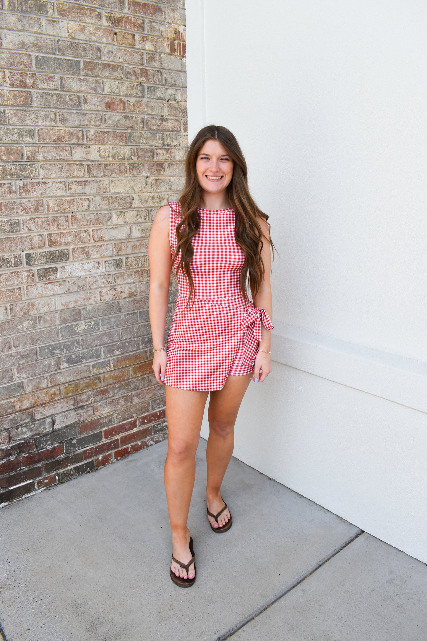 Gingham Print Sleeveless Wrap Tie Front Dress : Red Gingham