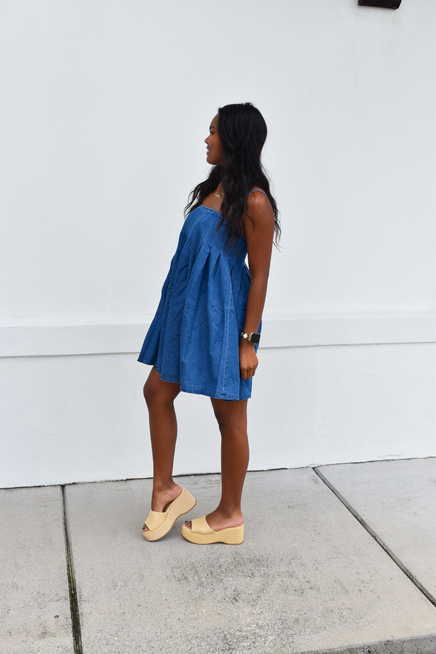 Denim Pleated Babydoll Dress