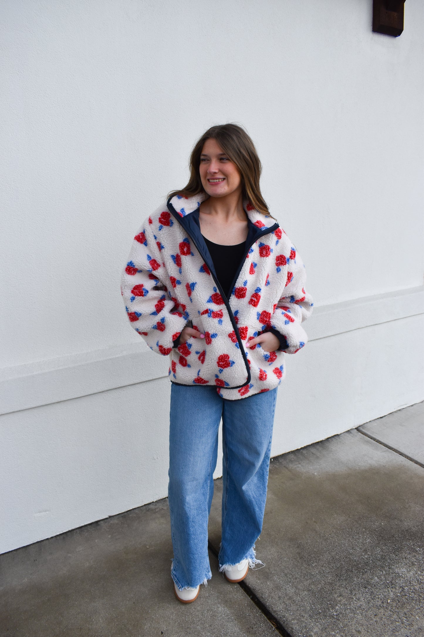 Cozy Oversized Rose Pattern Fleece Zip Up Jacket