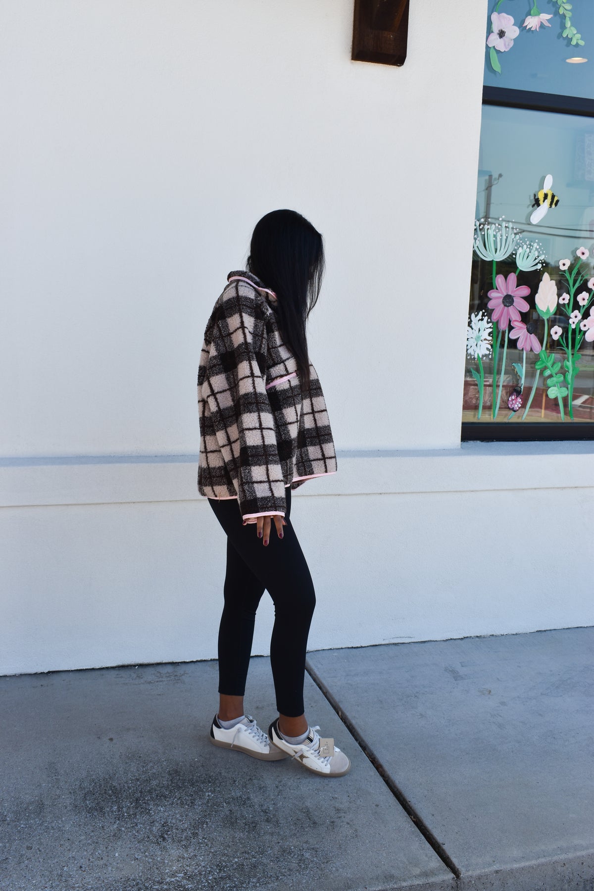 Plaid Sherpa Half-Zip W/ Pink Detail