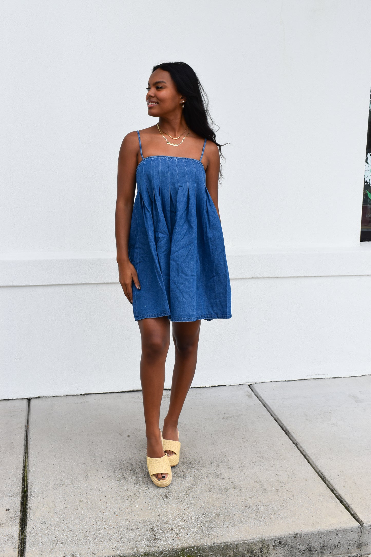 Denim Pleated Babydoll Dress