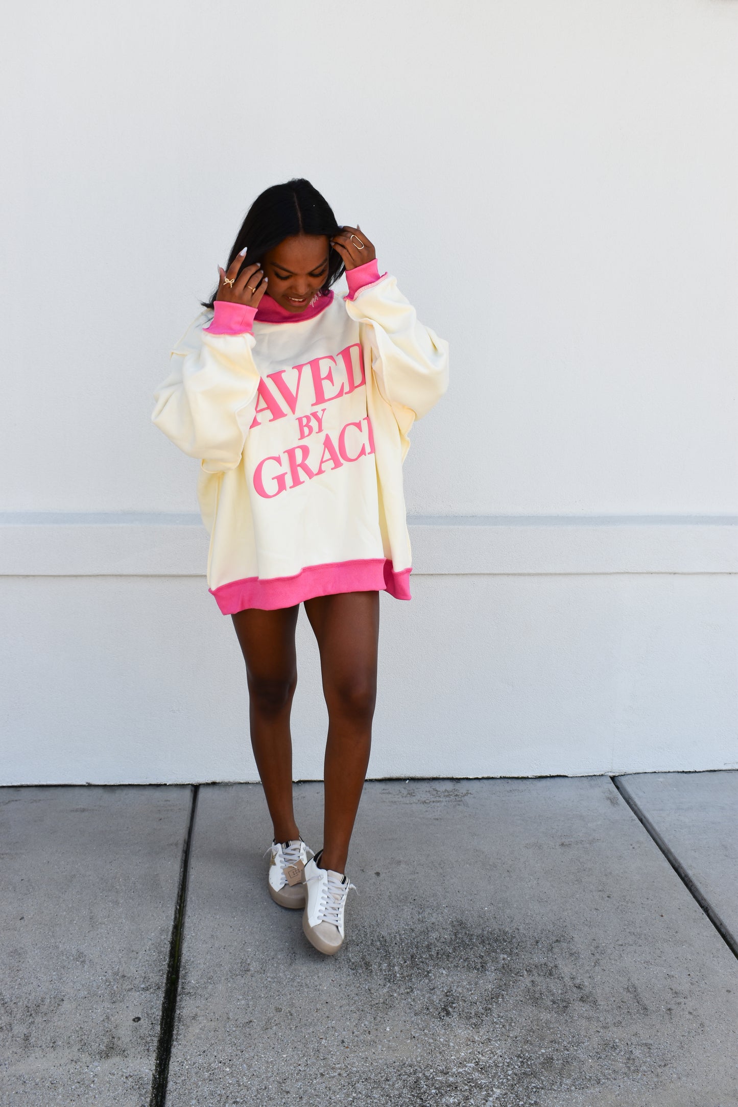 'SAVED BY GRACE' Puff Print Mockneck