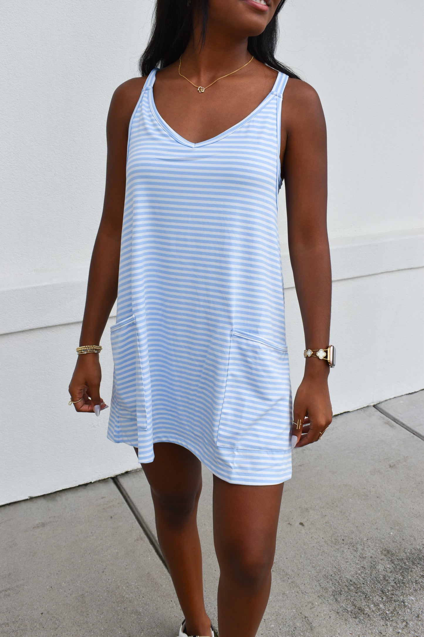 Striped Romper Dress W/ Built In Romper: Blue