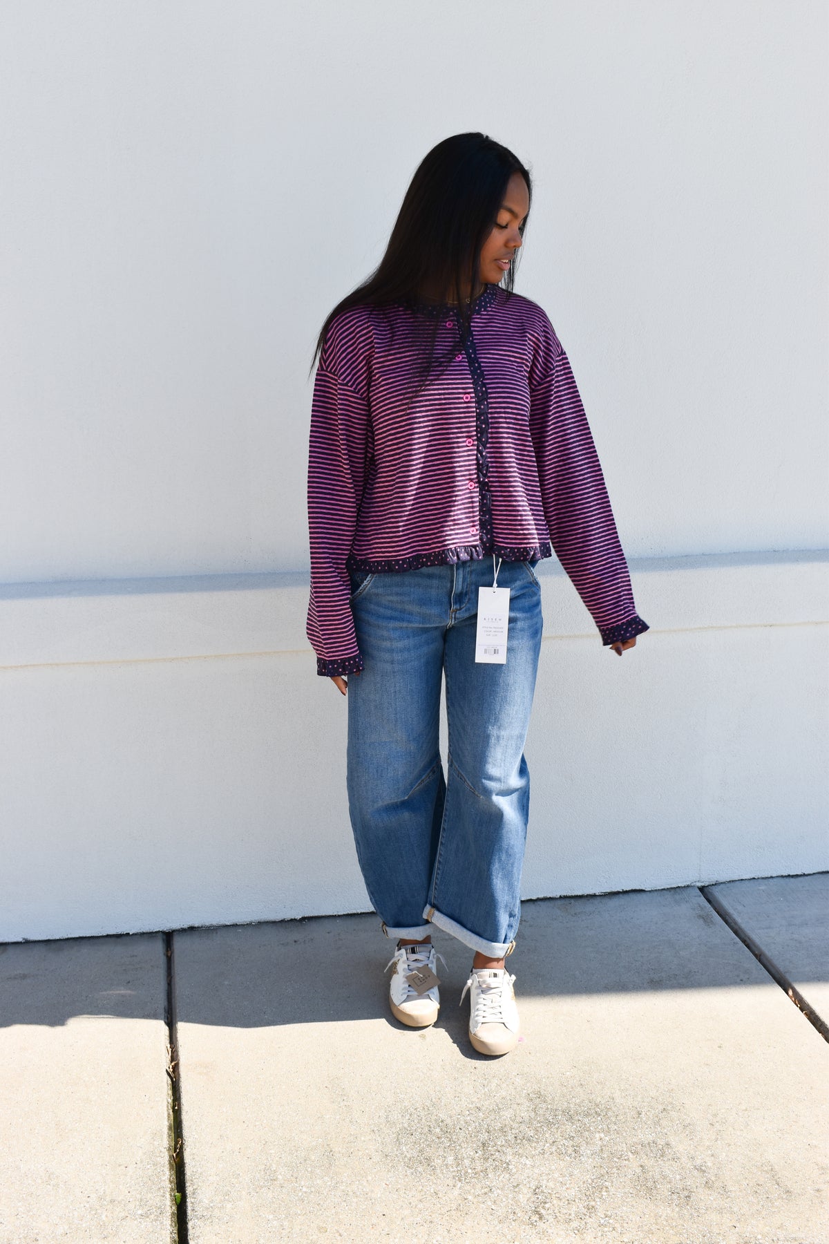Polka Dot Trim Stripe Button-Up Cardigan
