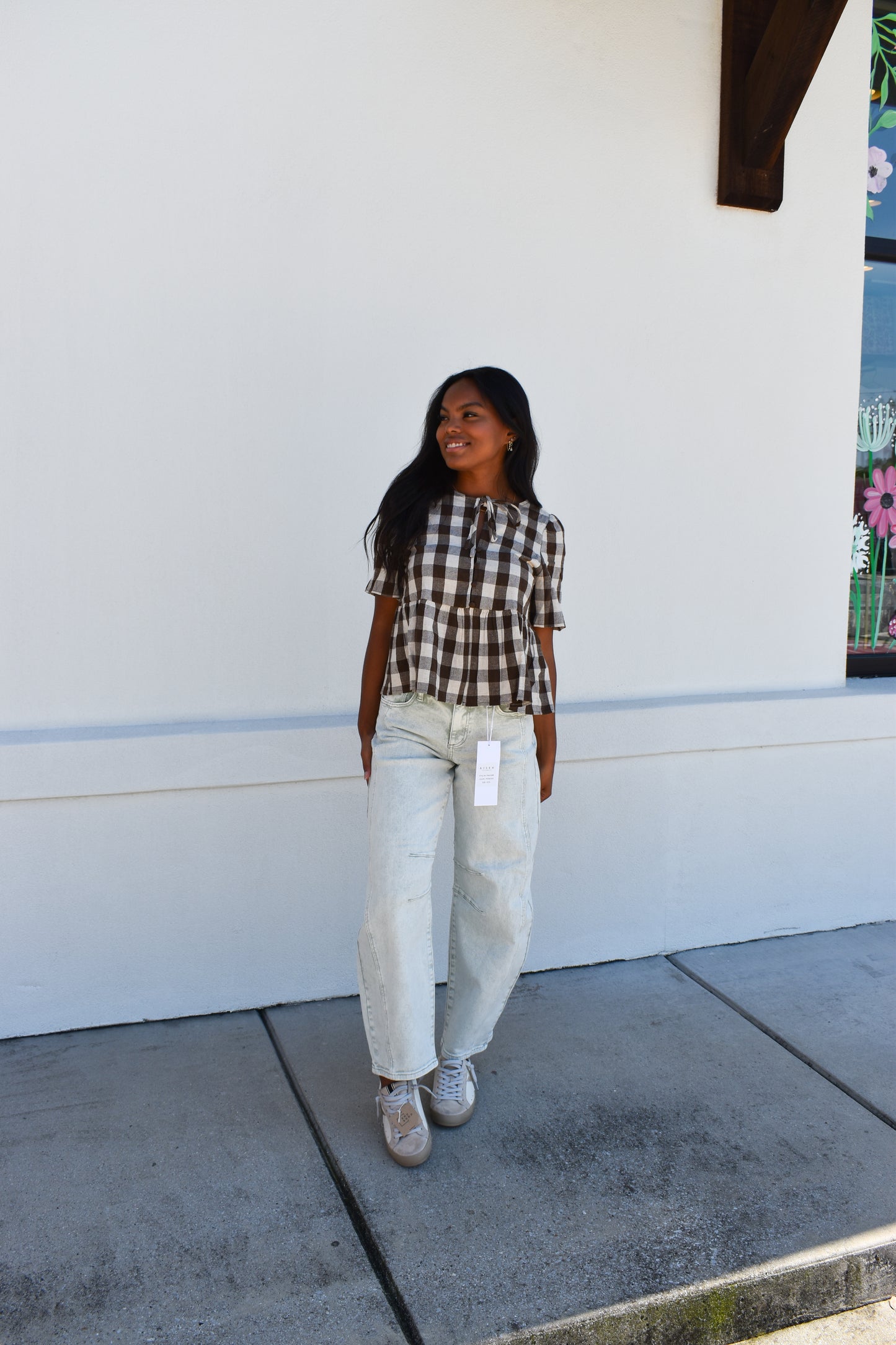 Keyhole Tie-Neck Gingham Peplum Blouse