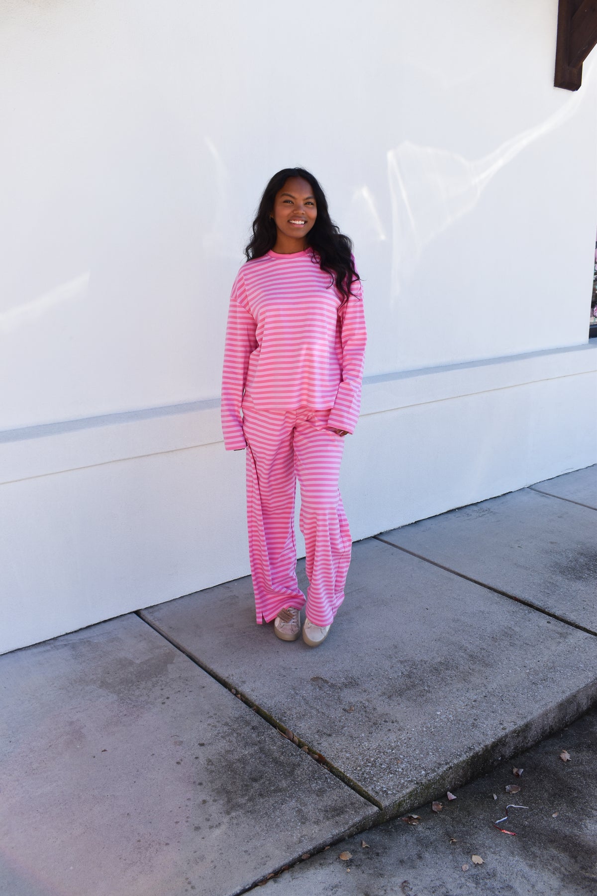 Hot Pink Striped Loungewear Long Sleeve Top