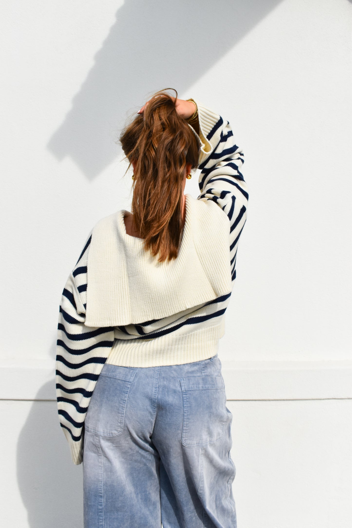 Cream/Navy Striped Collared Knit Sweater