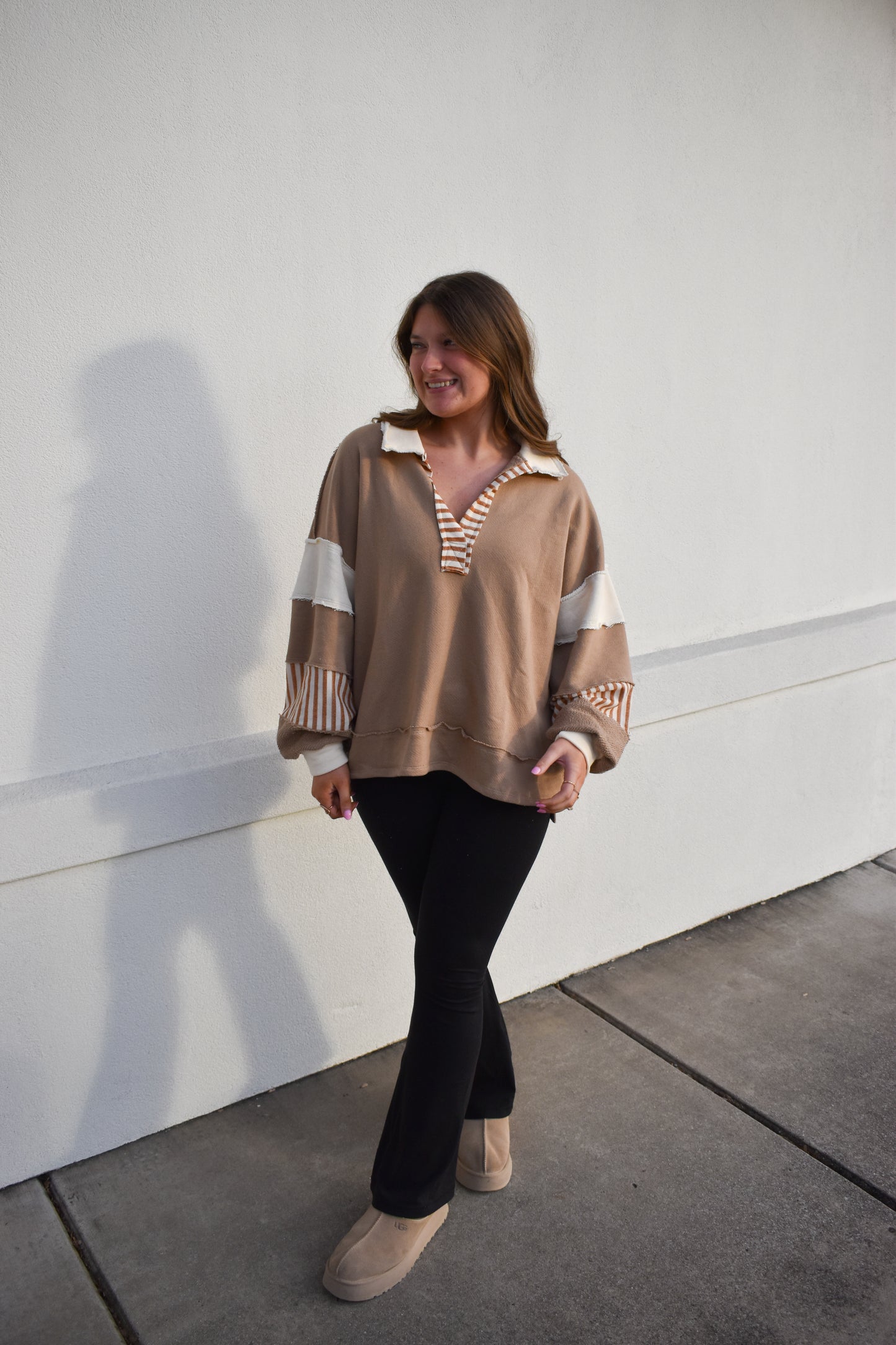 Terry Knit Collared Top: Brown/Cream