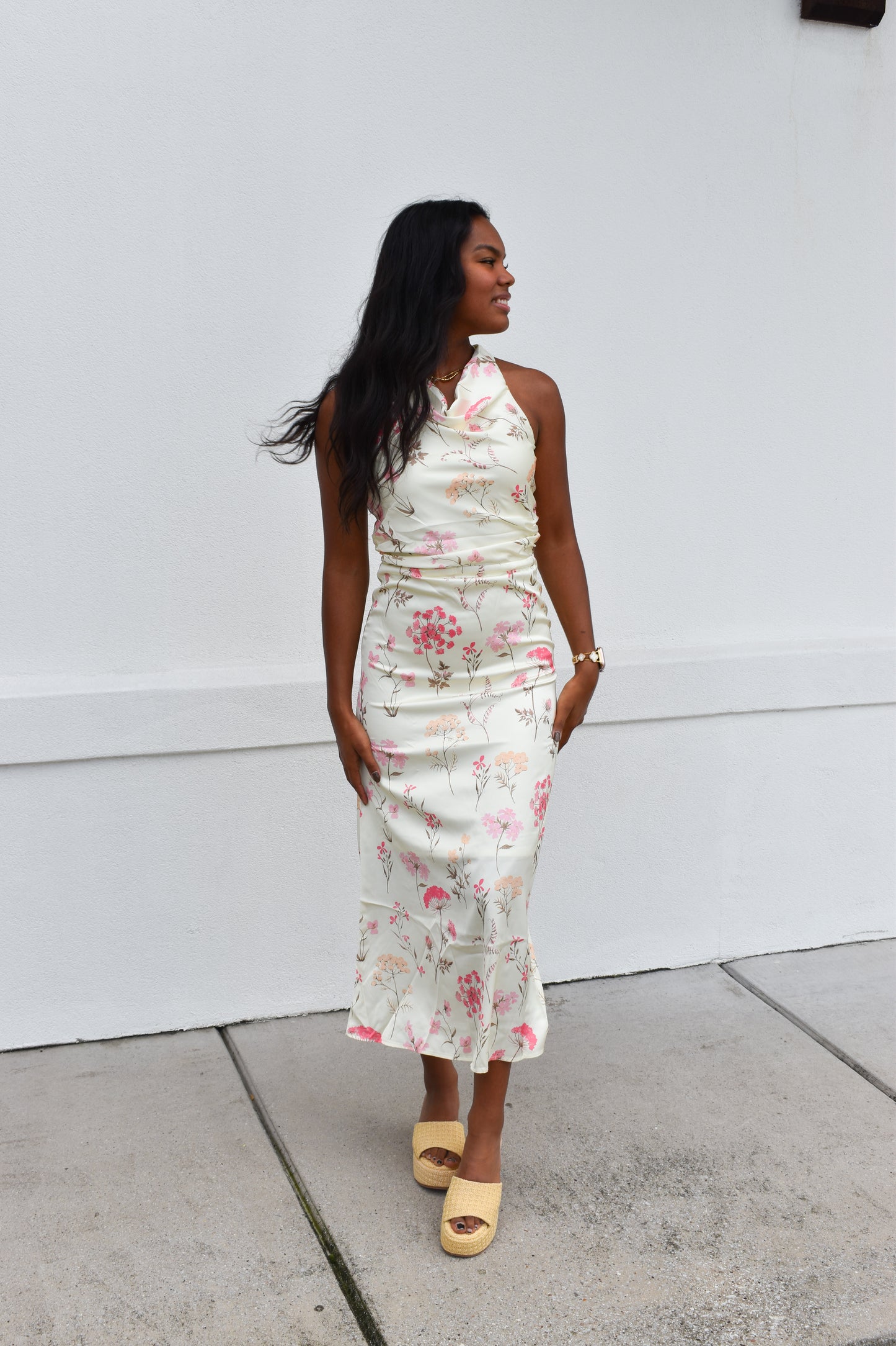 Cowl Neck Floral Midi Dress