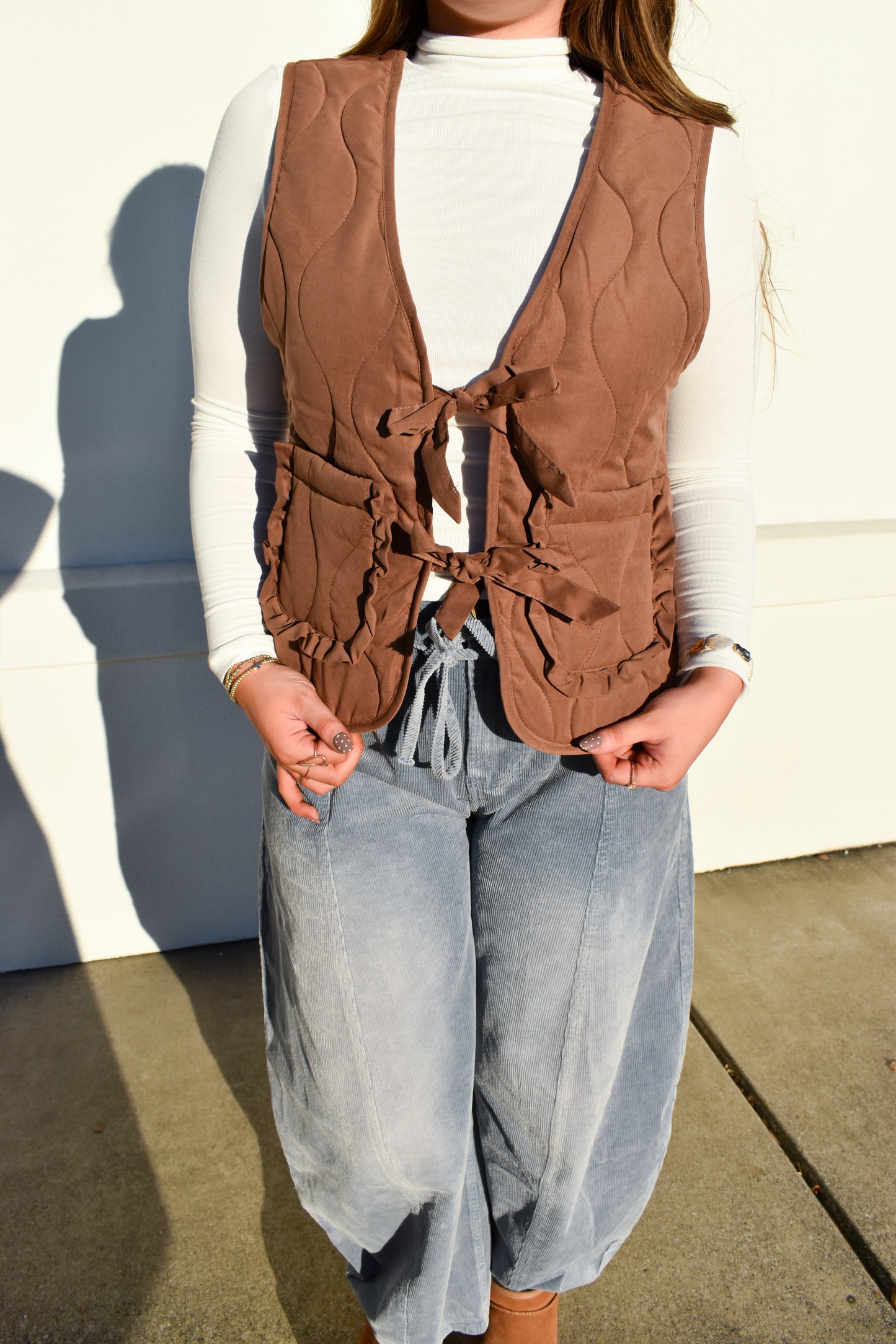 Quilted Bow Vest: Chestnut
