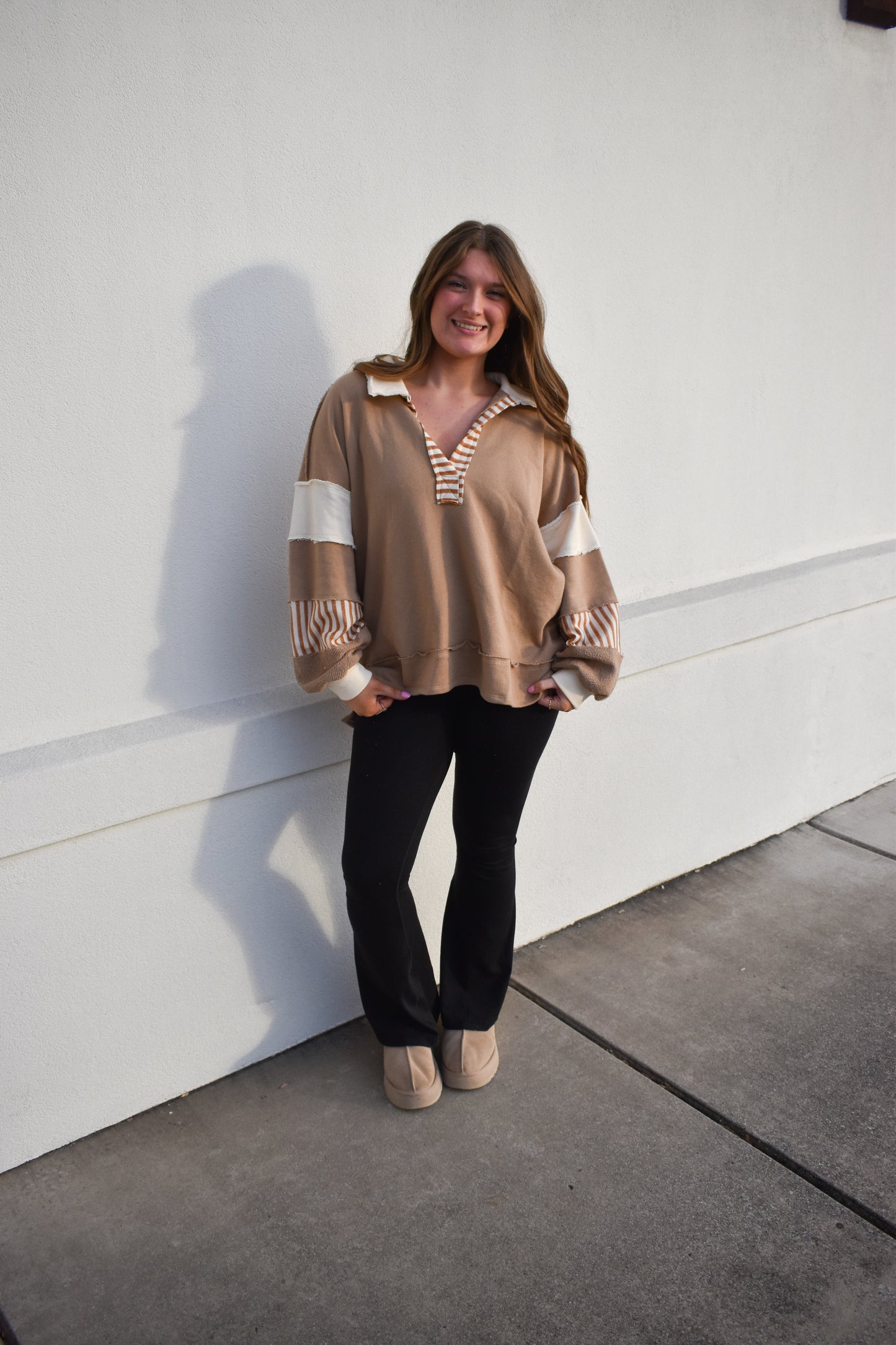 Terry Knit Collared Top: Brown/Cream