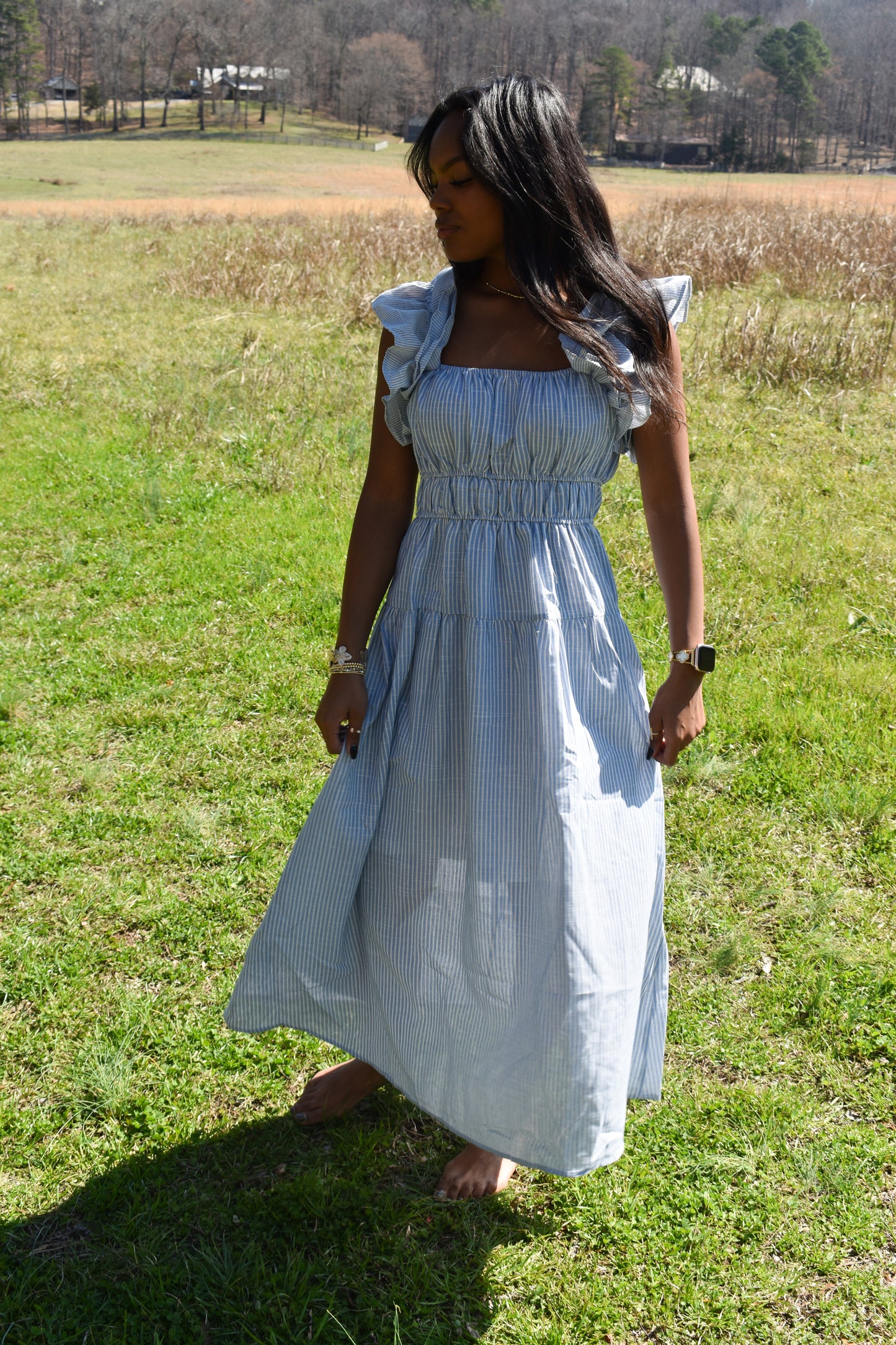Shoulder Ruffle Stripe Midi Dress
