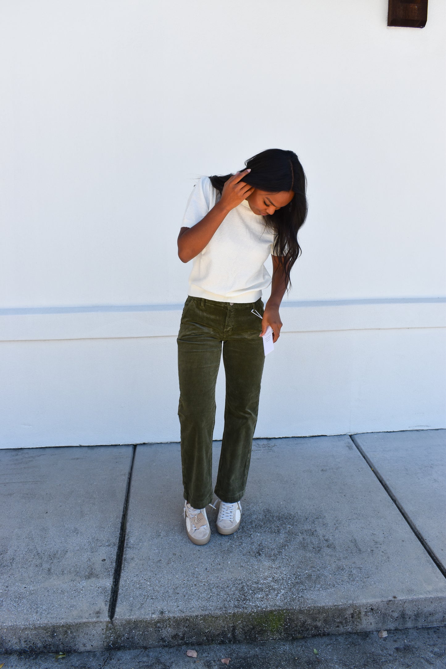 Tummy Control Mid Rise Ankle Straight Corduroy: Green