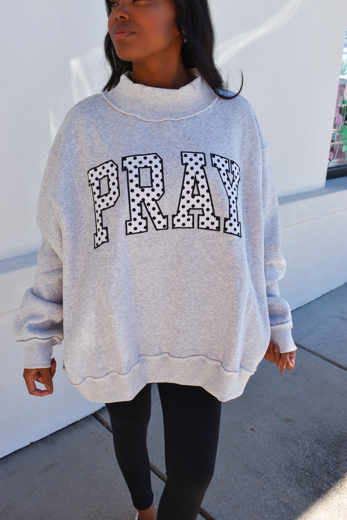 Embroidered "PRAY" Polka Dot Mockneck